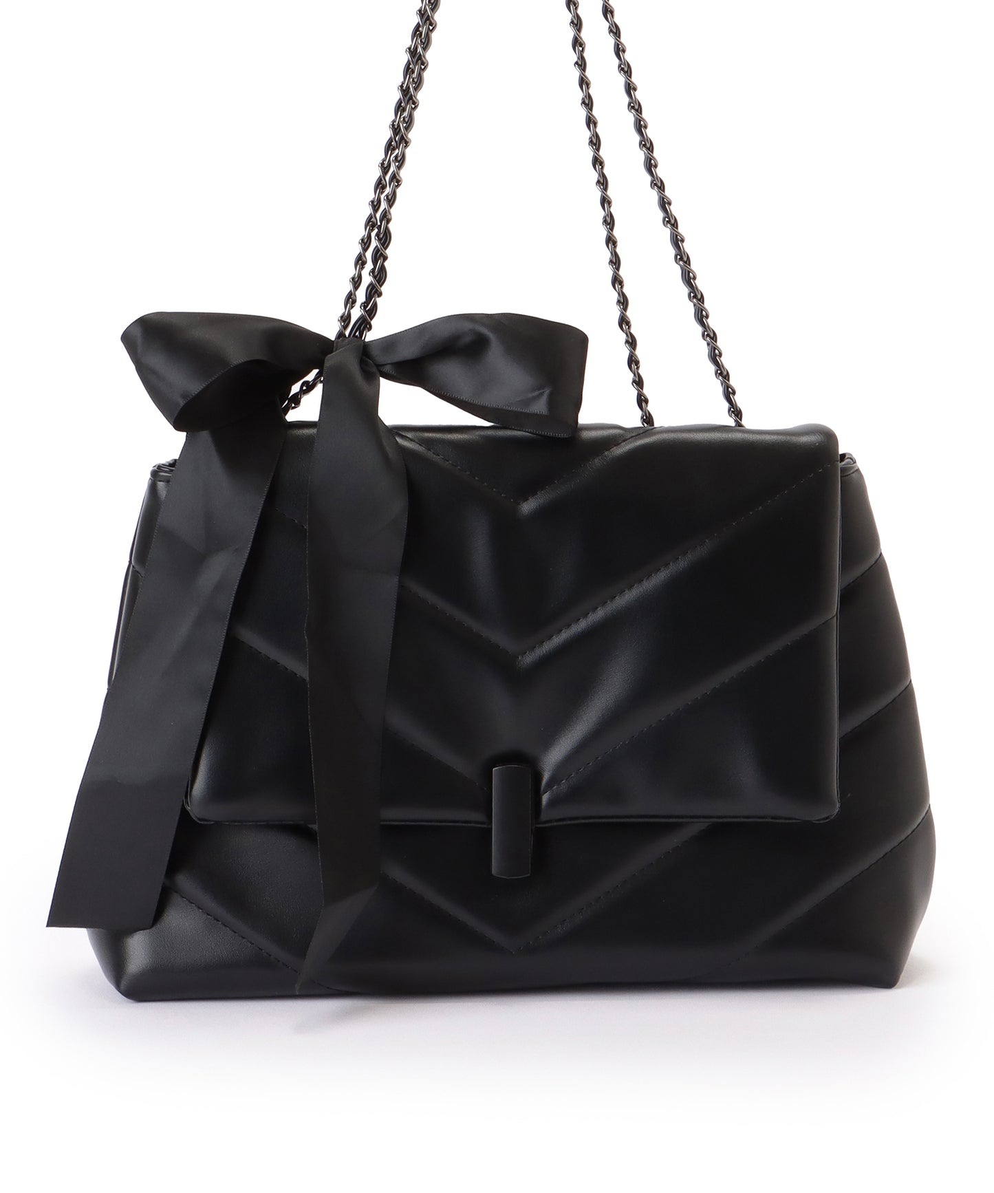 リボン付き Vステッチ スクエア チェーン ショルダーバッグ