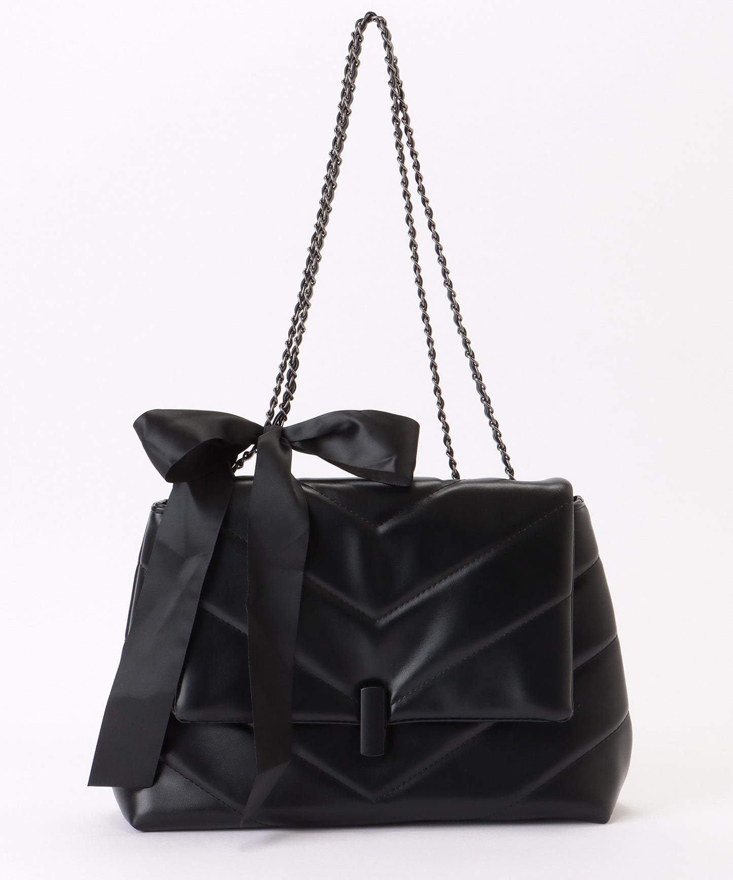 リボン付き Vステッチ スクエア チェーン ショルダーバッグ