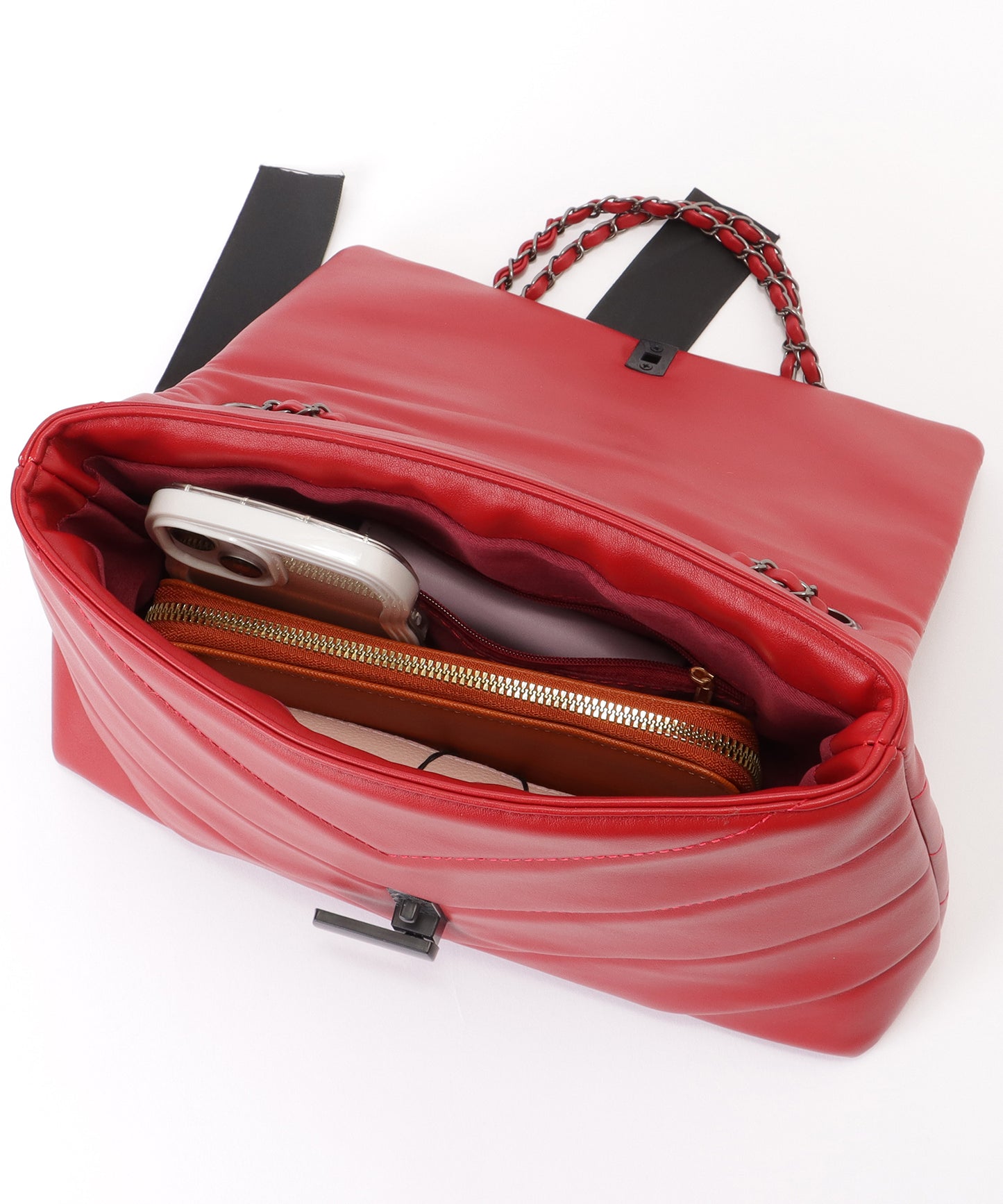 リボン付き Vステッチ スクエア チェーン ショルダーバッグ