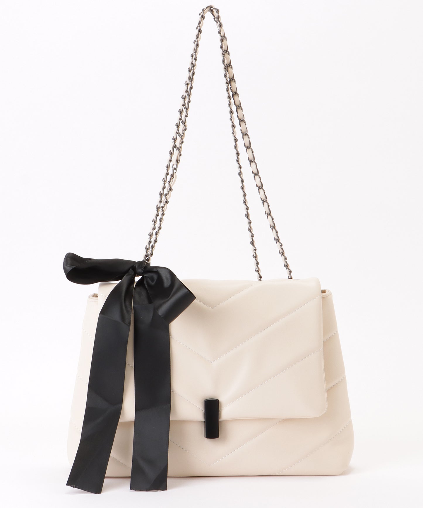 リボン付き Vステッチ スクエア チェーン ショルダーバッグ