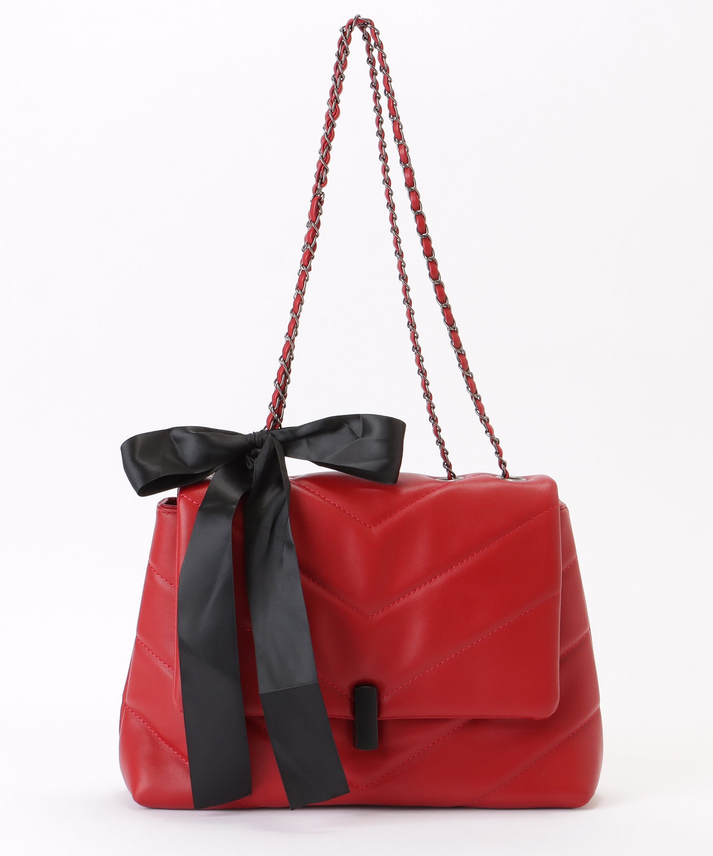 リボン付き Vステッチ スクエア チェーン ショルダーバッグ