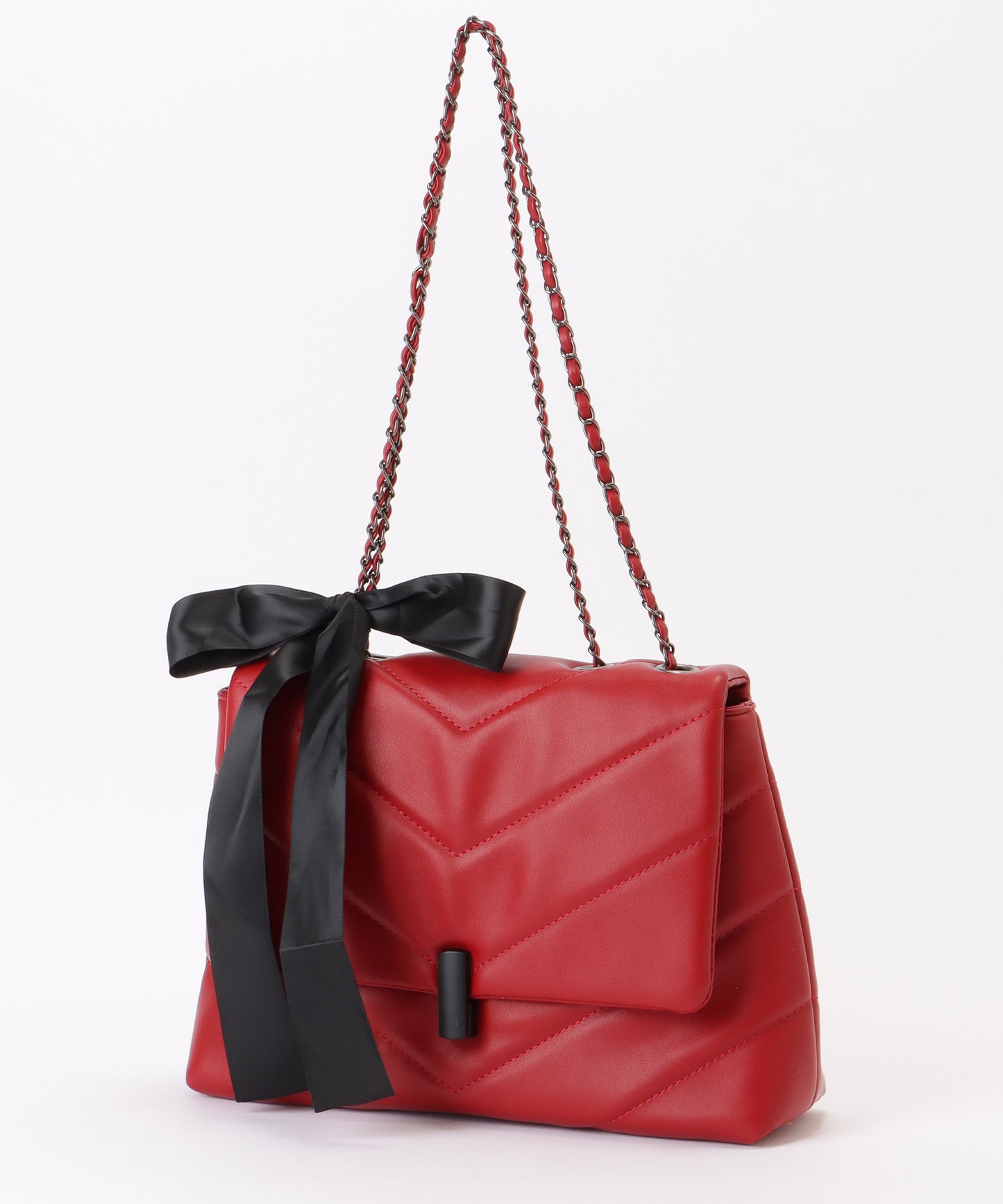 リボン付き Vステッチ スクエア チェーン ショルダーバッグ