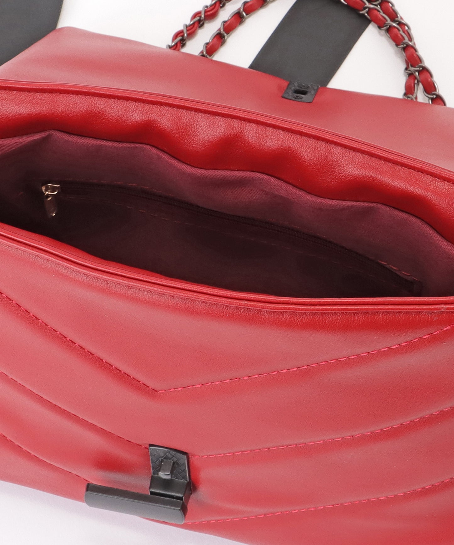 リボン付き Vステッチ スクエア チェーン ショルダーバッグ