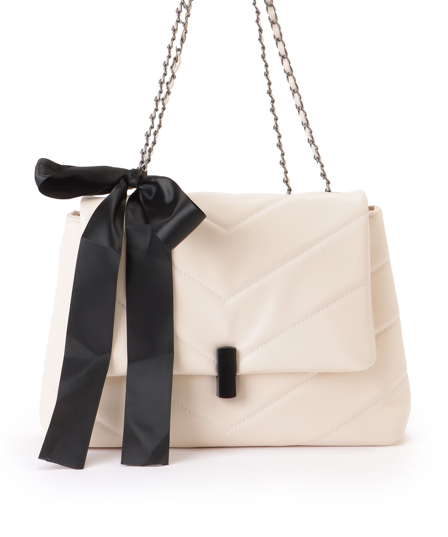 リボン付き Vステッチ スクエア チェーン ショルダーバッグ