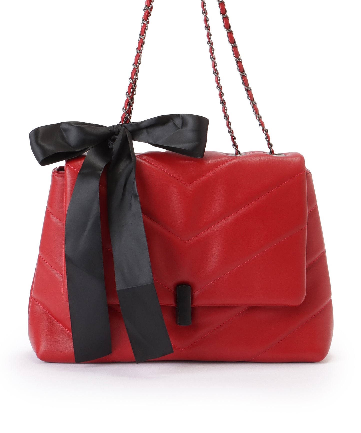 リボン付き Vステッチ スクエア チェーン ショルダーバッグ