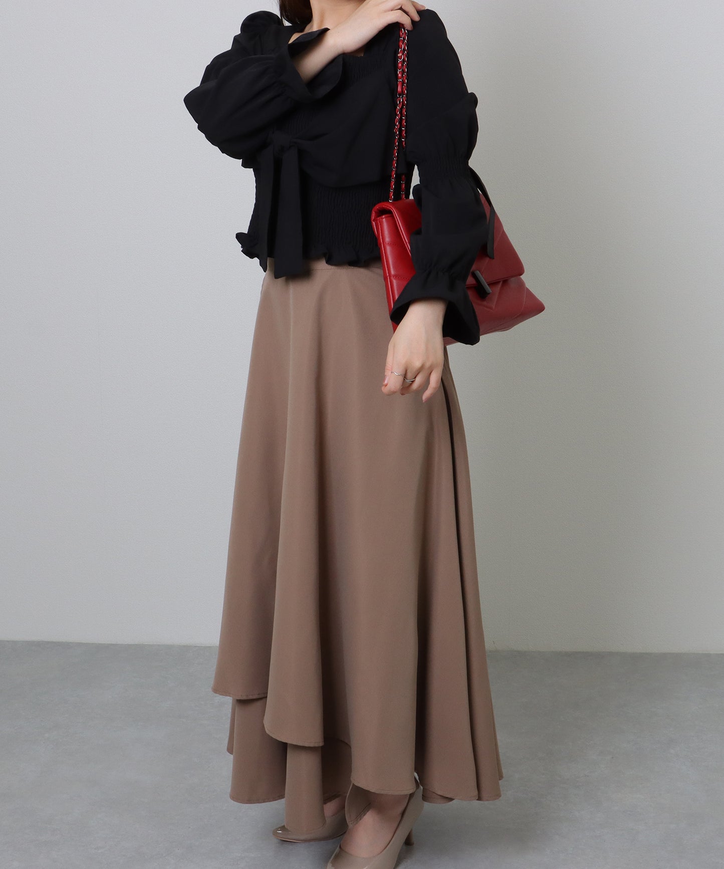 リボン付き Vステッチ スクエア チェーン ショルダーバッグ