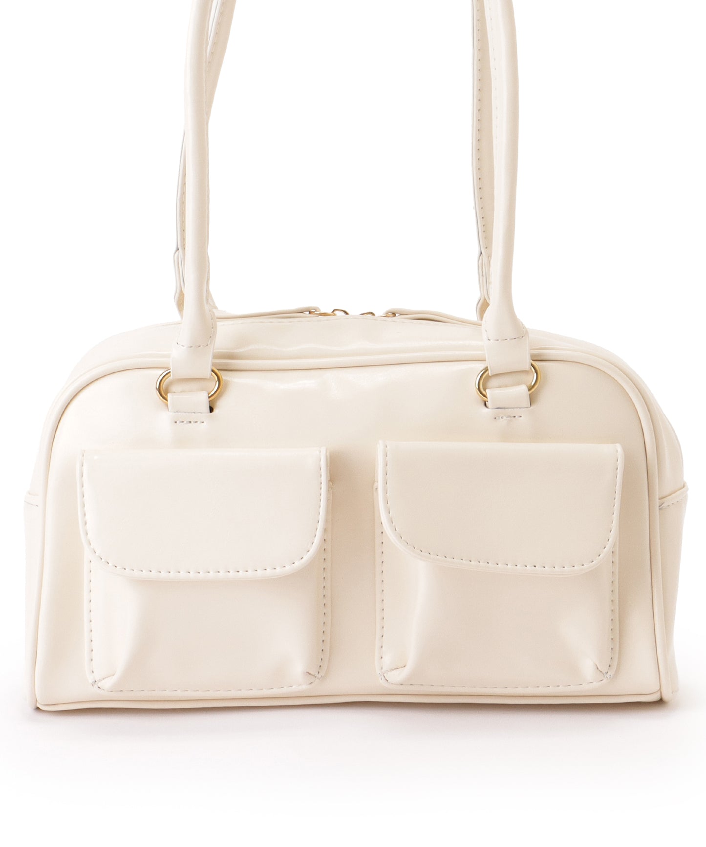 ポケット付き レザー調 コンパクト ボストン トートバッグ