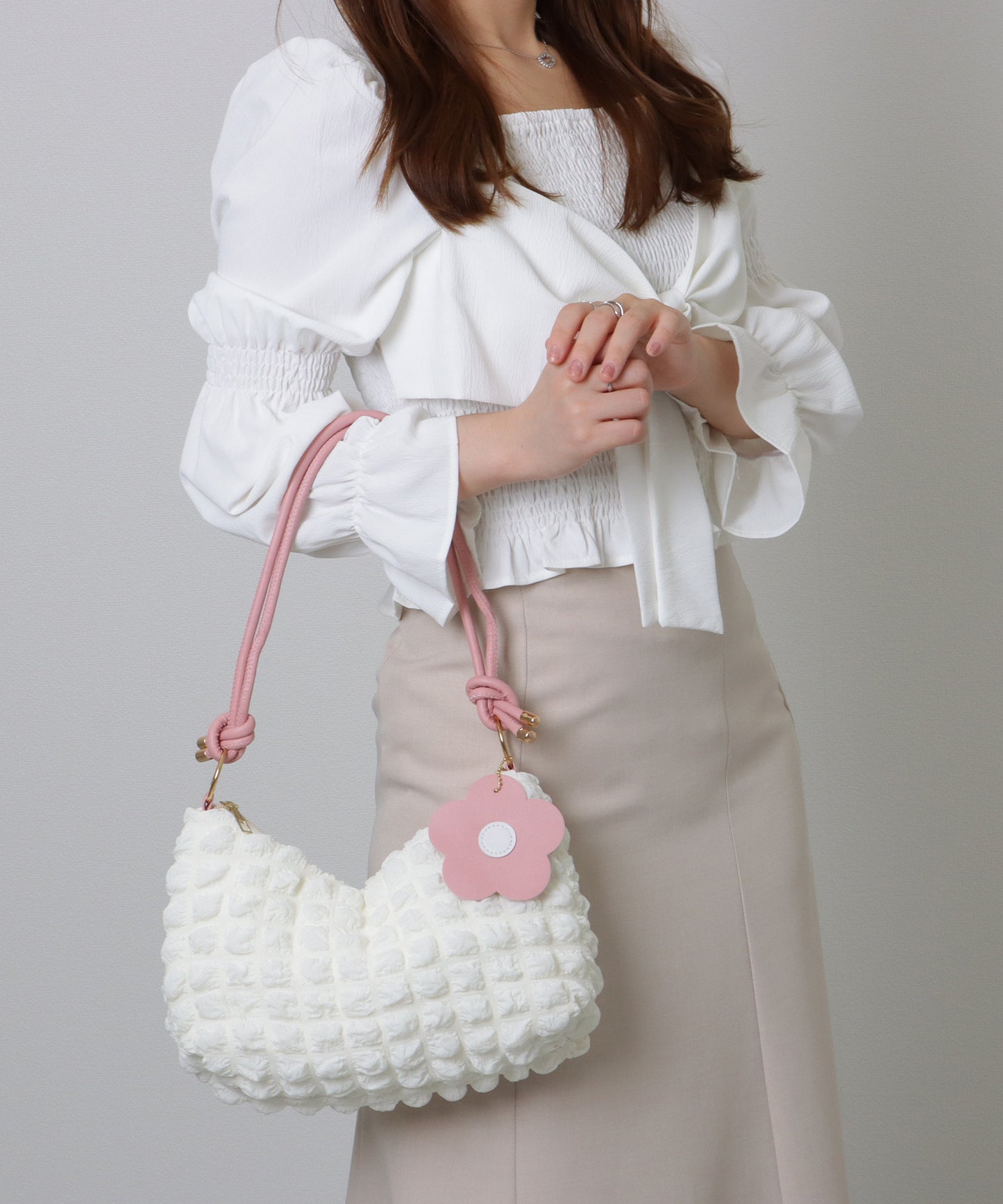 フラワー チャーム付き バイカラー ぽこぽこ 2WAY ショルダーバッグ