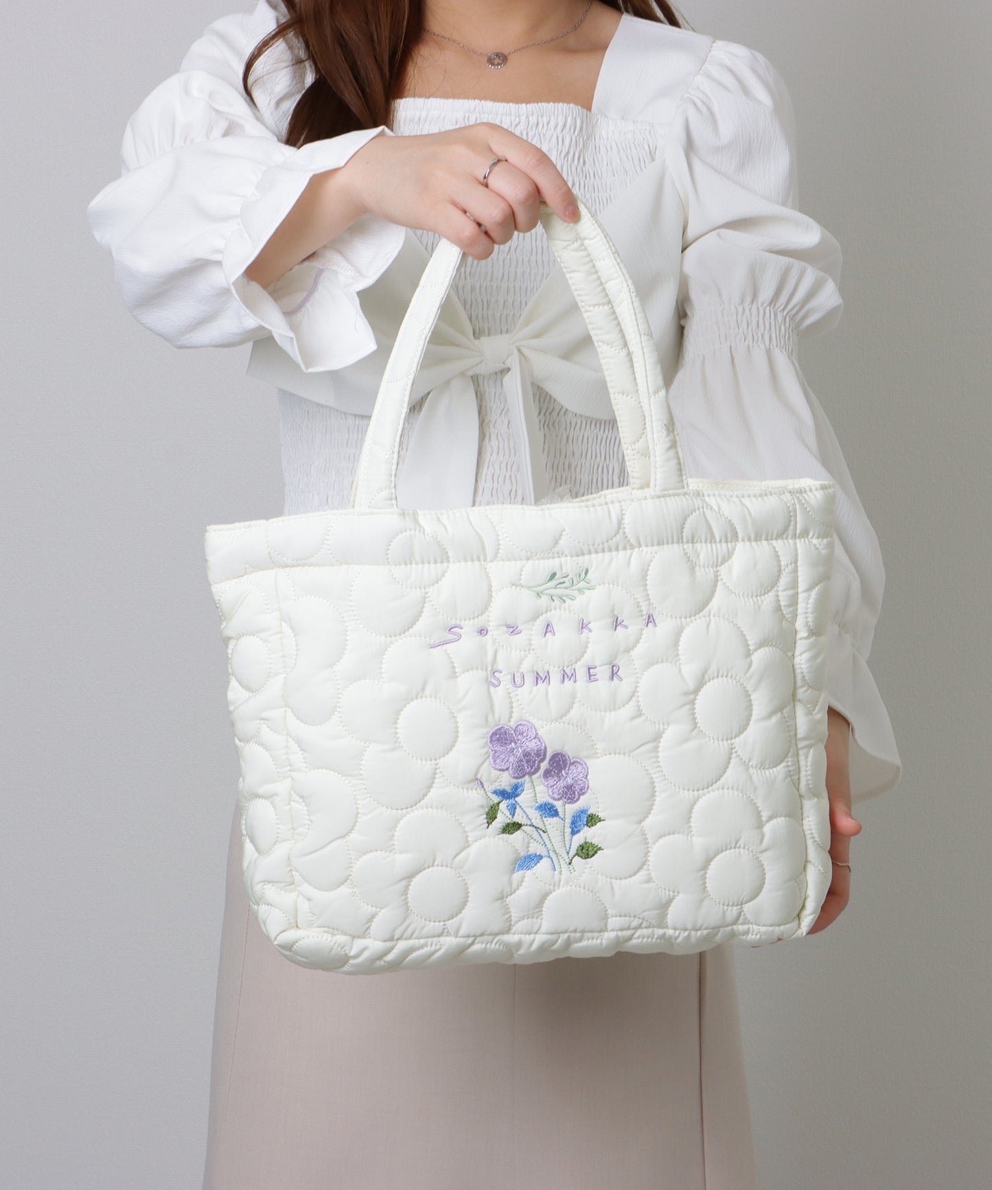ボタニカル刺繍 フラワー ステッチ ソフト トートバッグ