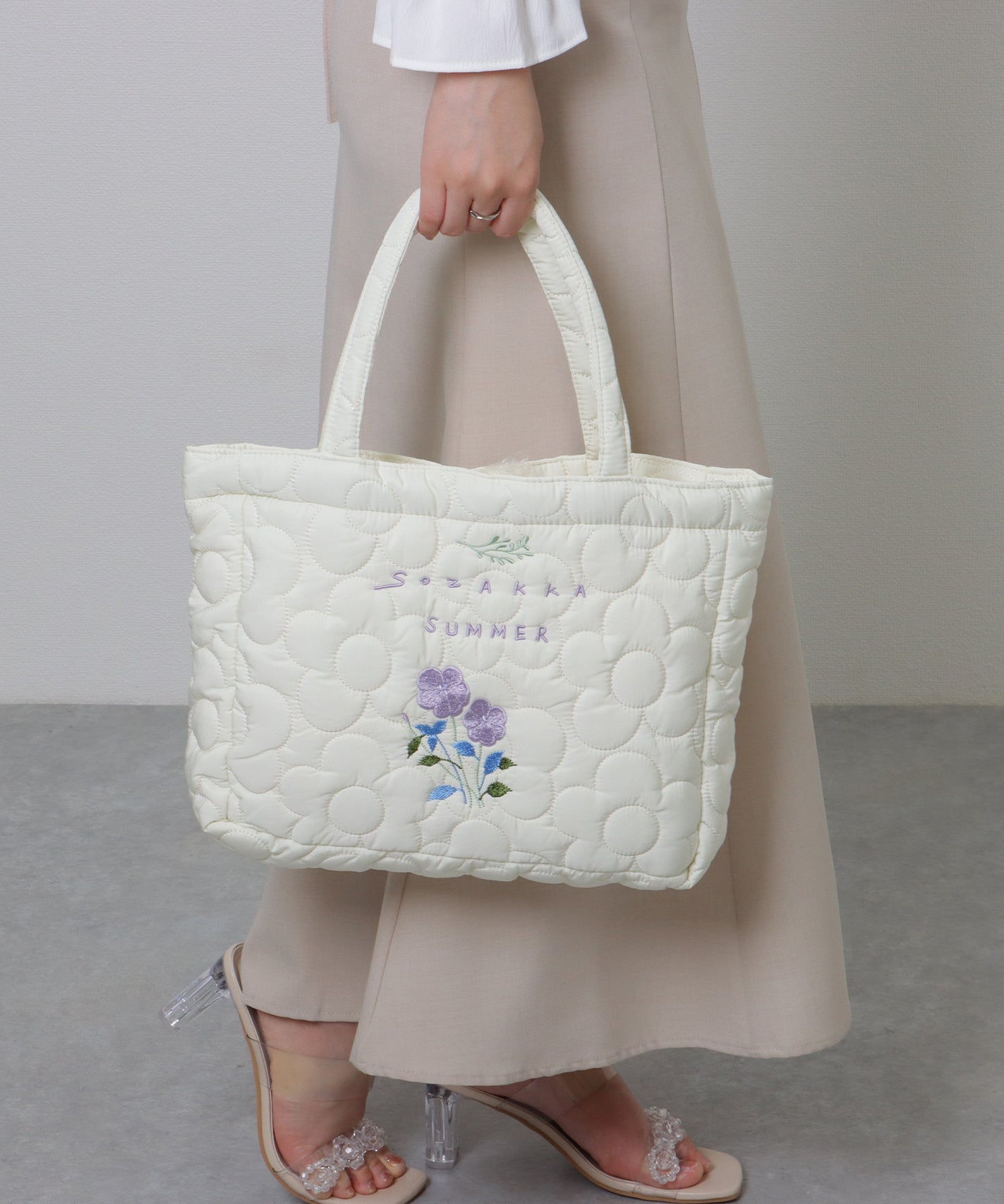 ボタニカル刺繍 フラワー ステッチ ソフト トートバッグ