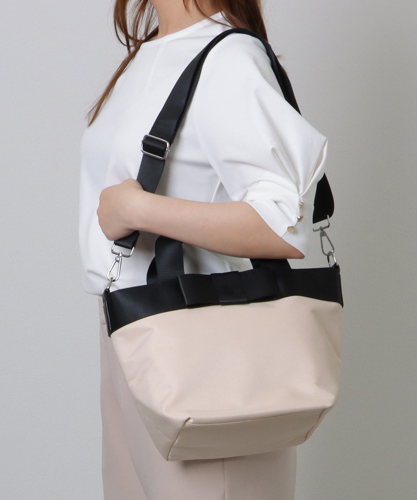 2WAY リボン付き 配色 ランチ トートバッグ