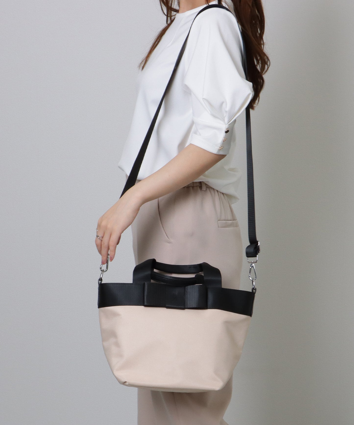 2WAY リボン付き 配色 ランチ トートバッグ