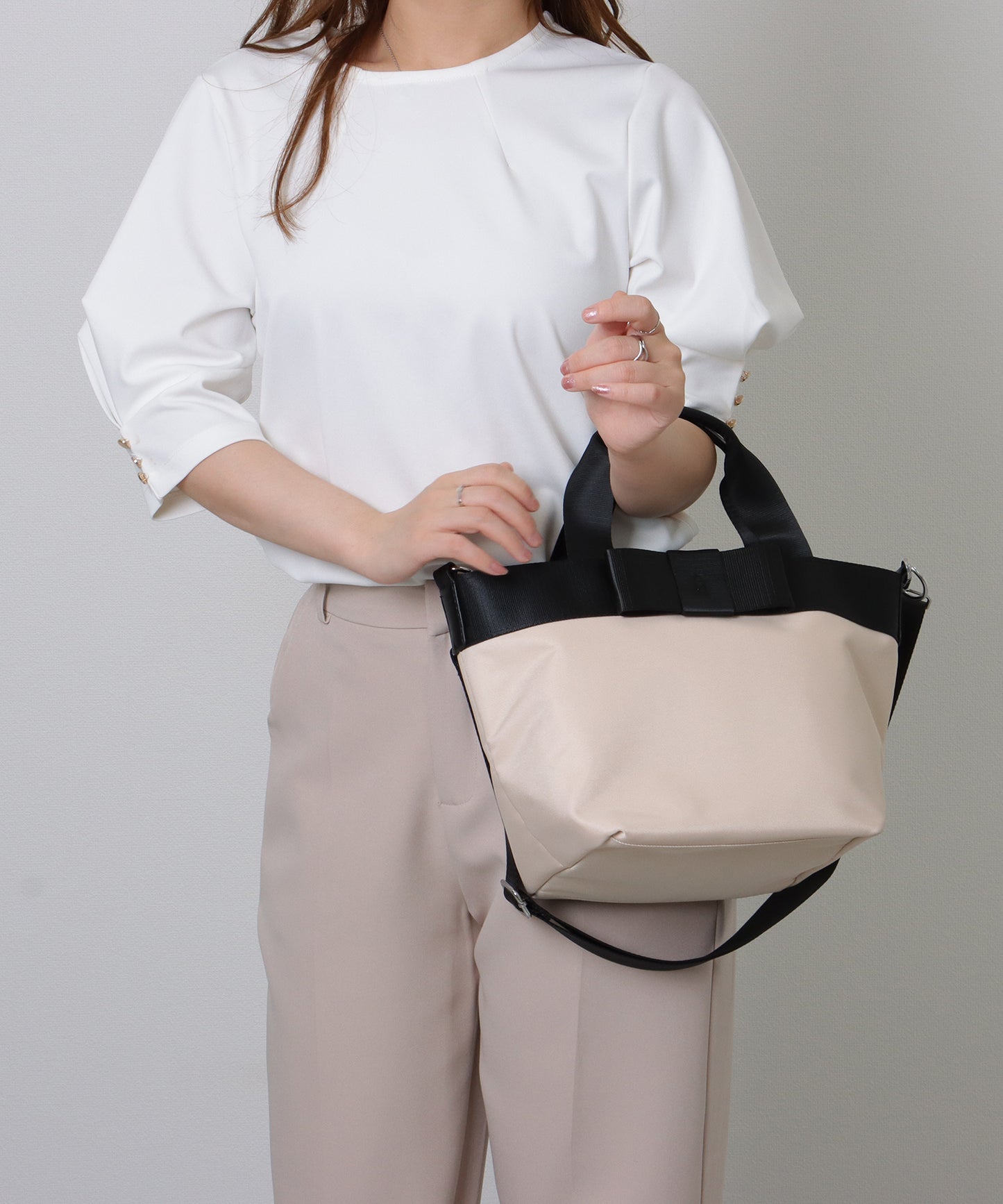 2WAY リボン付き 配色 ランチ トートバッグ