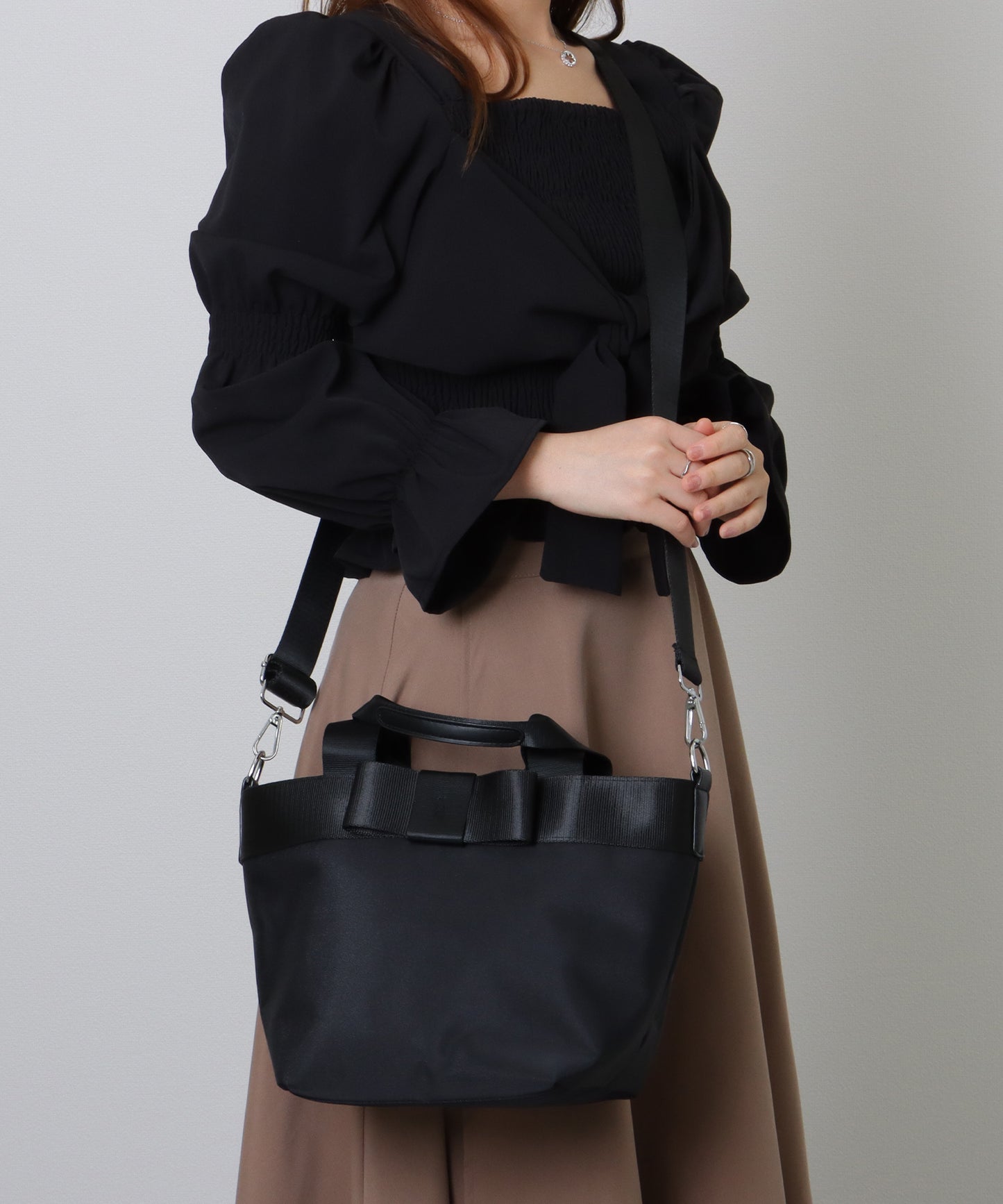 2WAY リボン付き 配色 ランチ トートバッグ