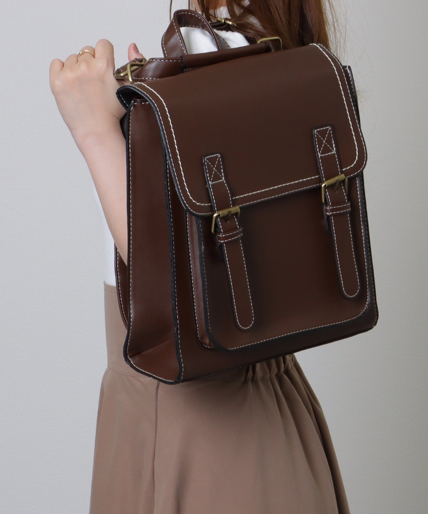 ランドセル風 スクエア ステッチ ショルダーバッグ