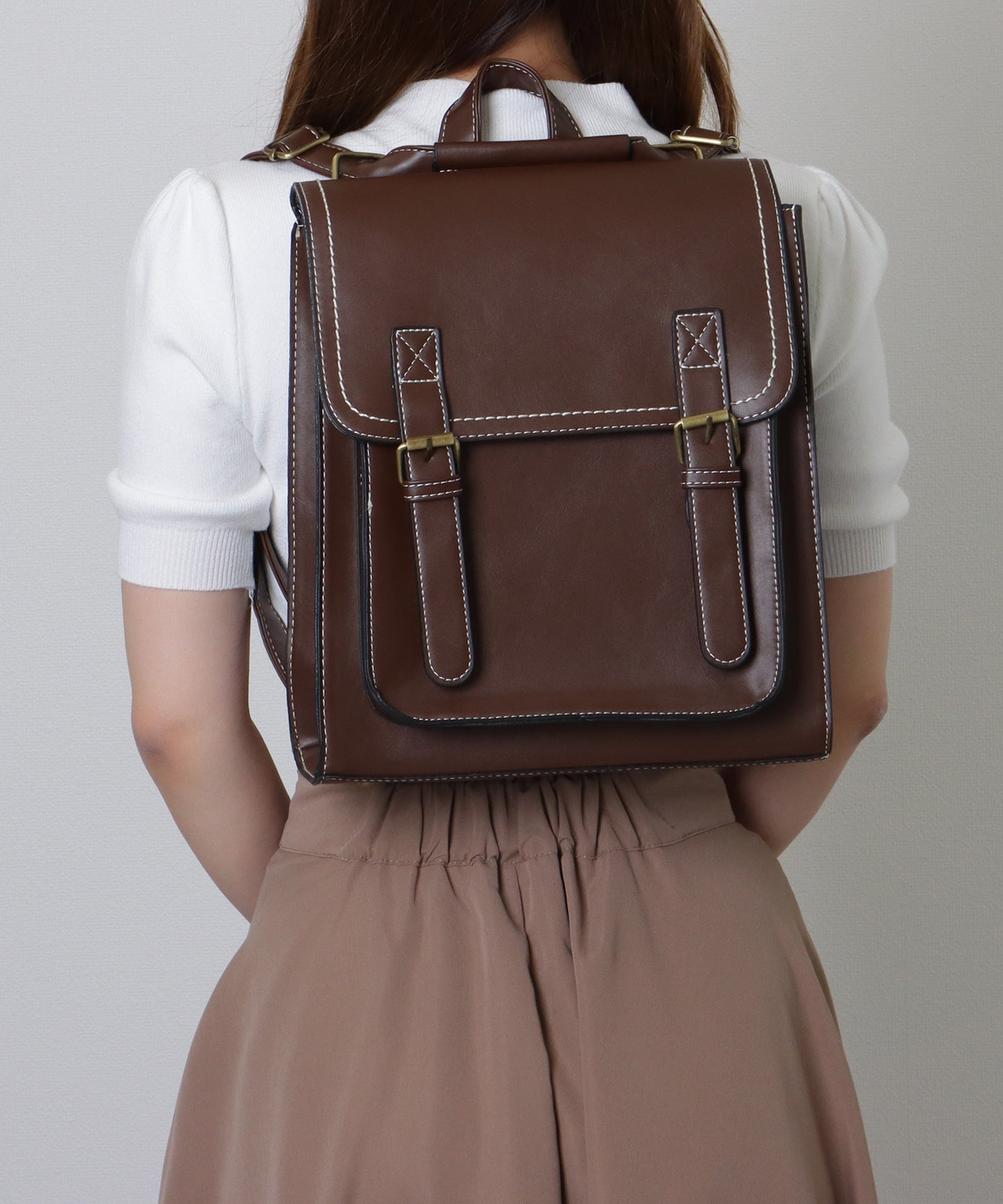 ランドセル風 スクエア ステッチ ショルダーバッグ