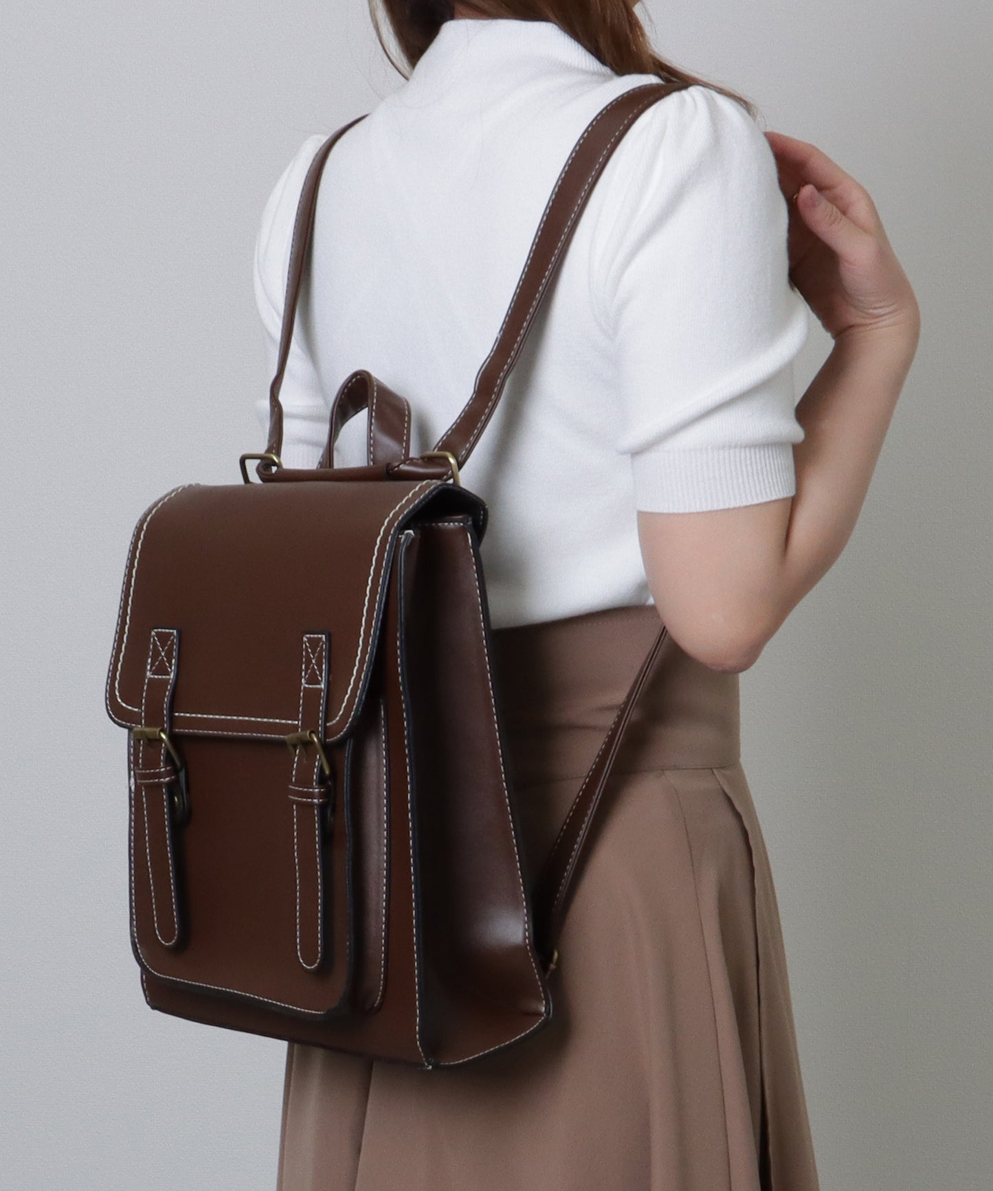 ランドセル風 スクエア ステッチ ショルダーバッグ