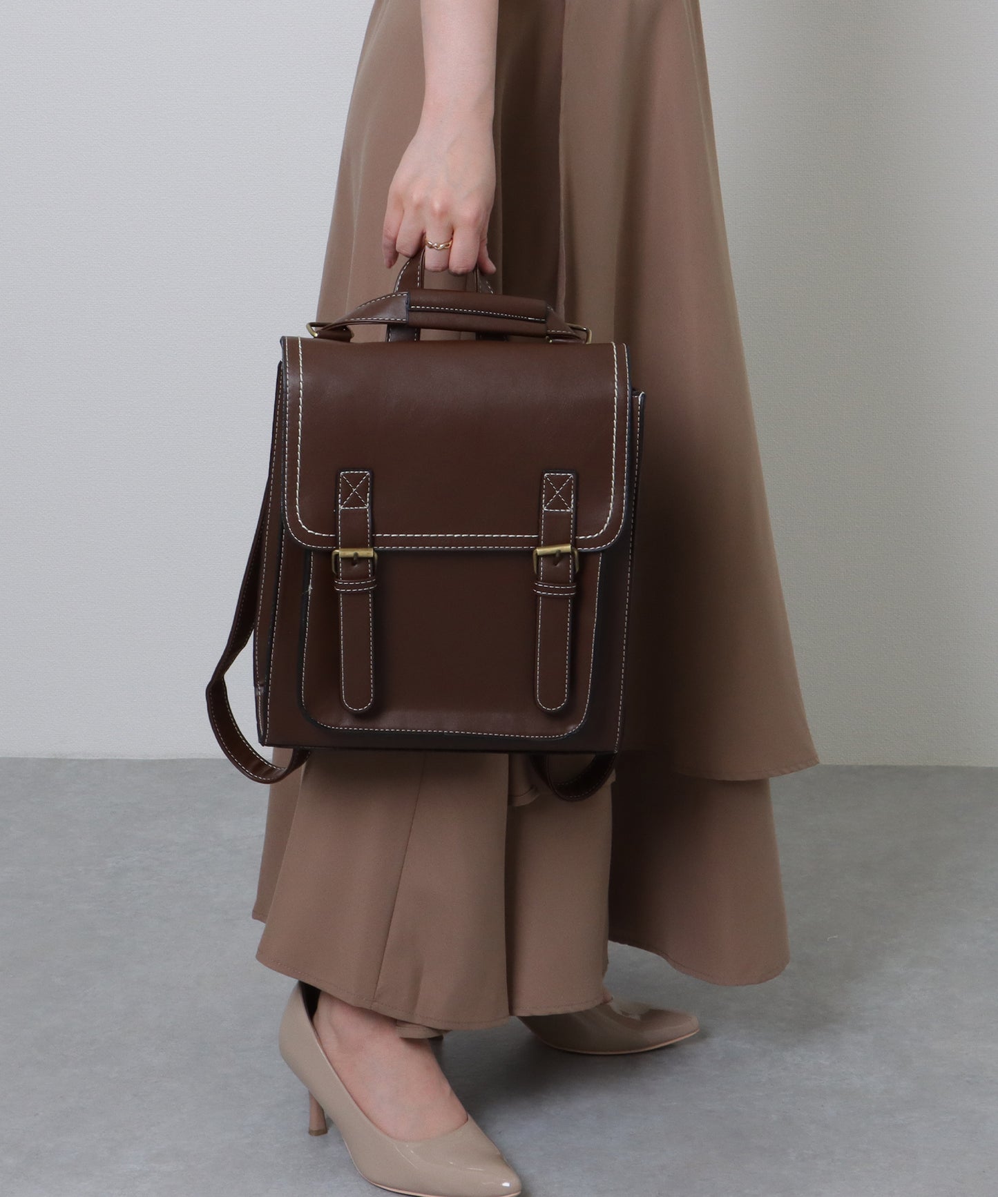 ランドセル風 スクエア ステッチ ショルダーバッグ