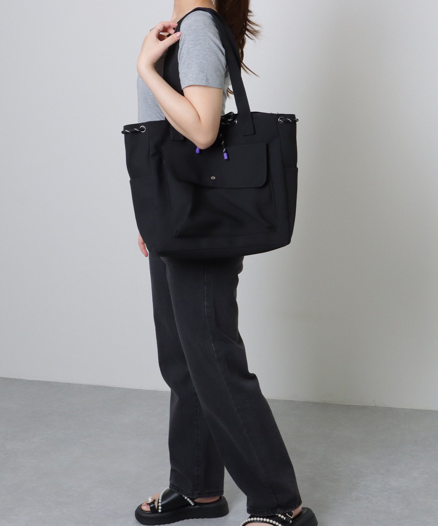 カラフル ドローコード付き 多ポケット ソフト トートバッグ