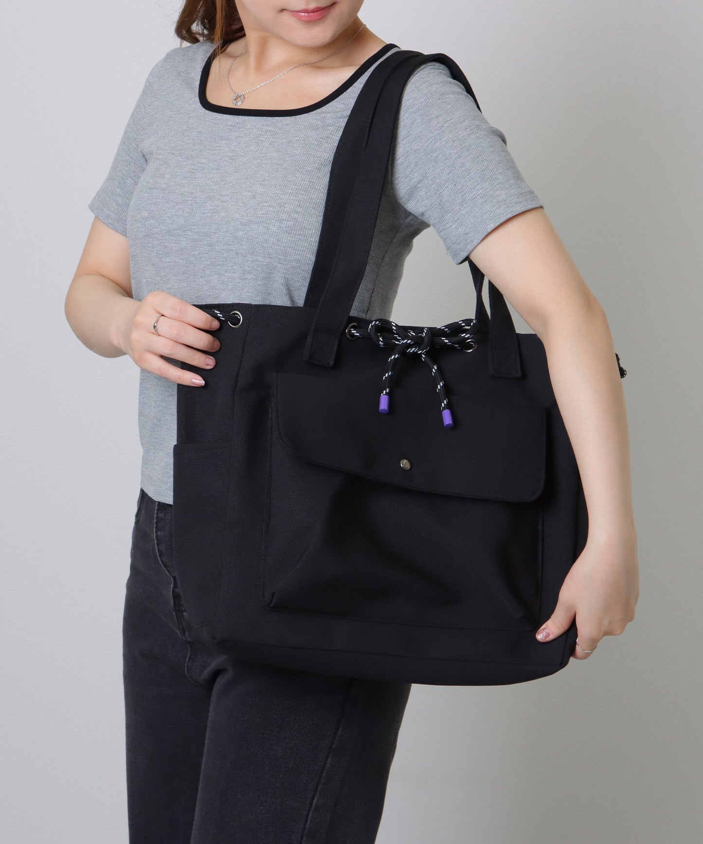 カラフル ドローコード付き 多ポケット ソフト トートバッグ