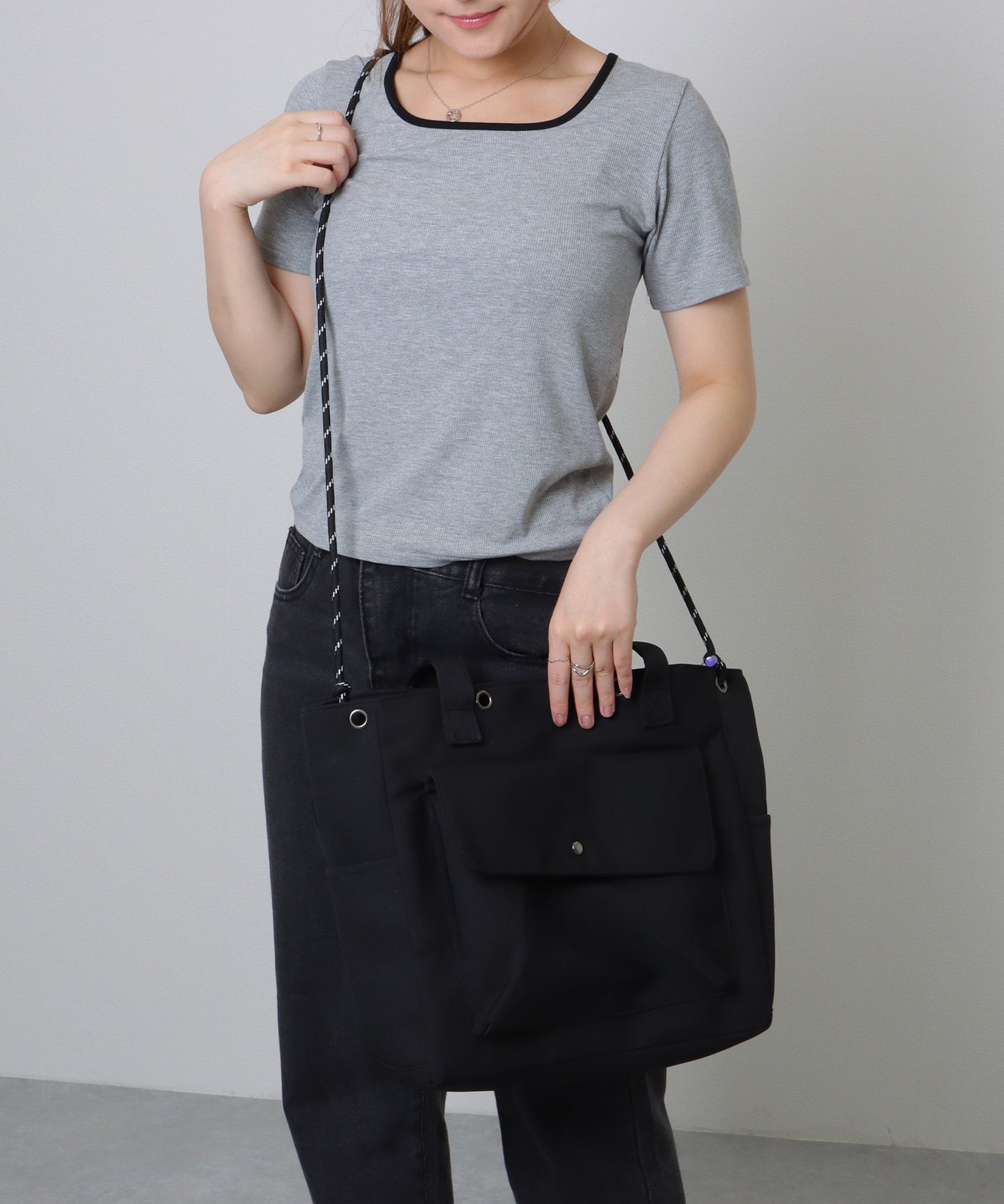 カラフル ドローコード付き 多ポケット ソフト トートバッグ