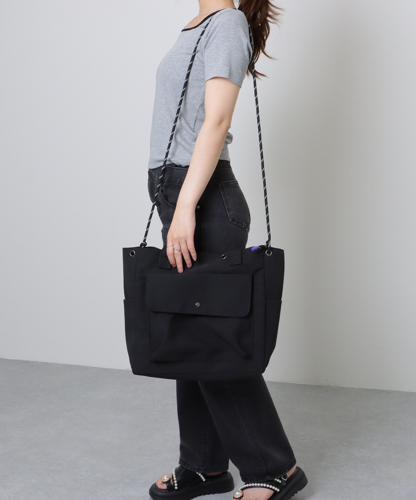 カラフル ドローコード付き 多ポケット ソフト トートバッグ