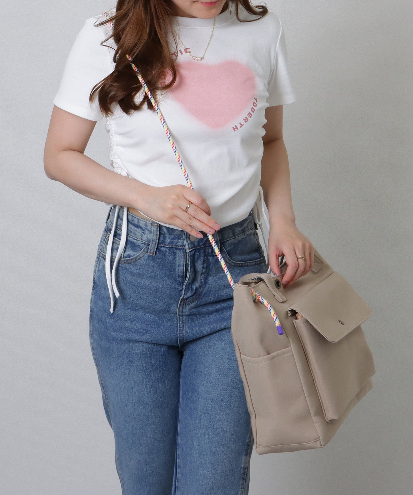 カラフル ドローコード付き 多ポケット ソフト トートバッグ