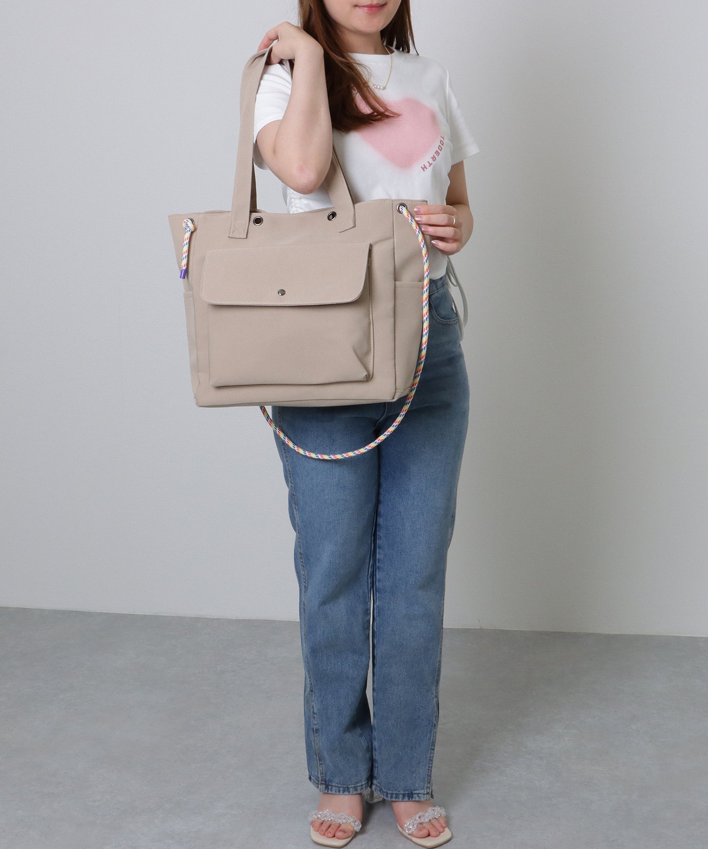 カラフル ドローコード付き 多ポケット ソフト トートバッグ