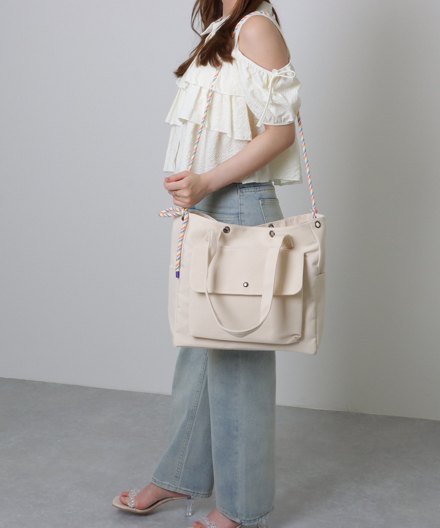 カラフル ドローコード付き 多ポケット ソフト トートバッグ