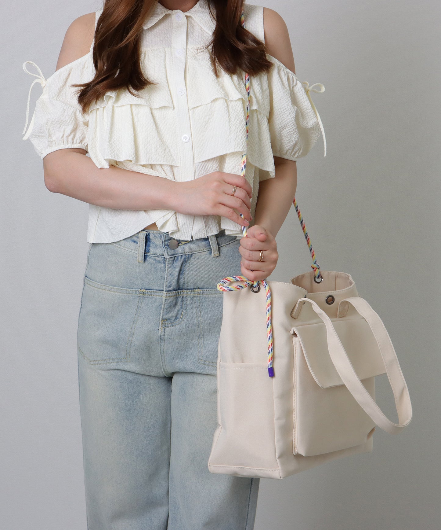カラフル ドローコード付き 多ポケット ソフト トートバッグ