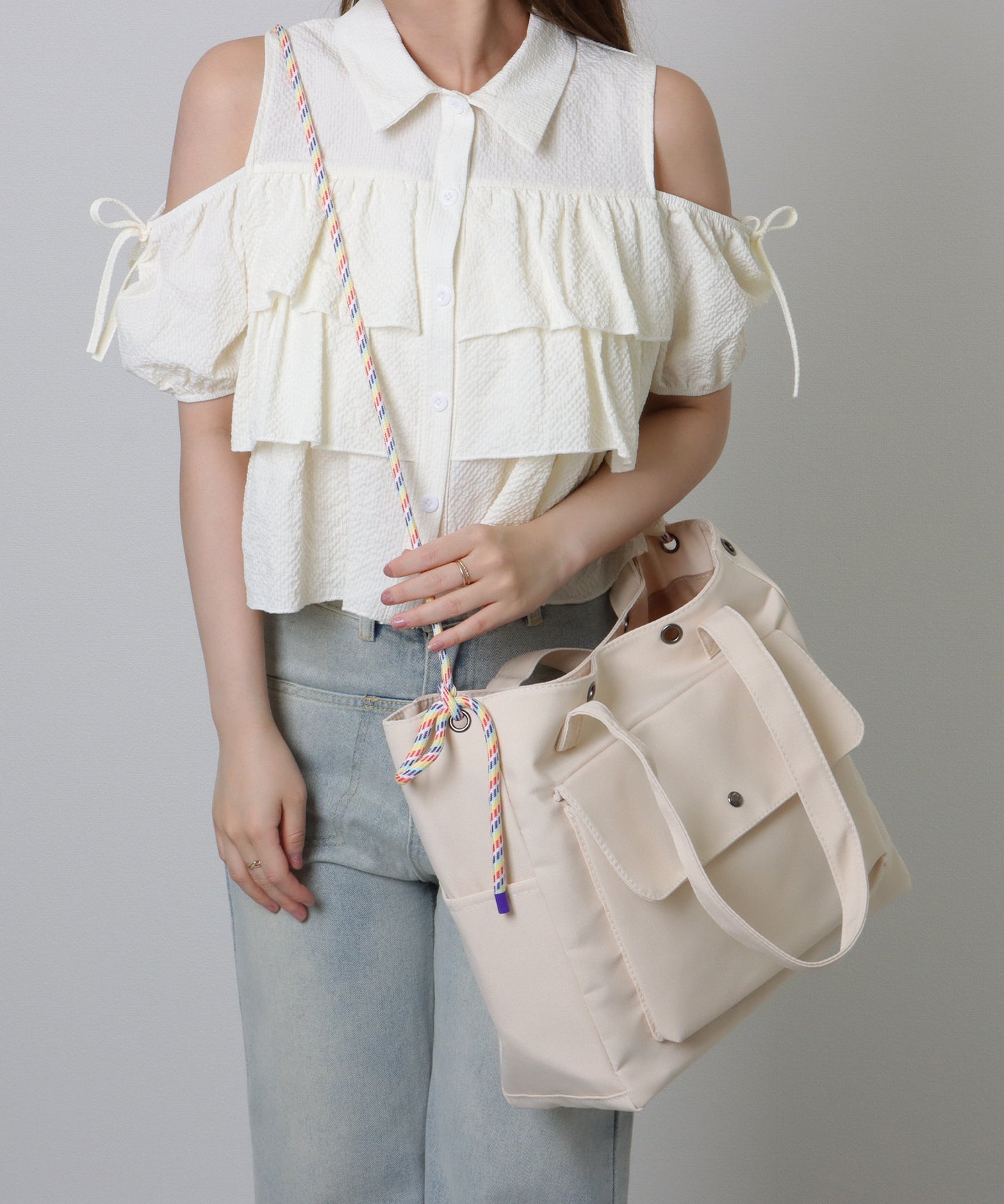 カラフル ドローコード付き 多ポケット ソフト トートバッグ