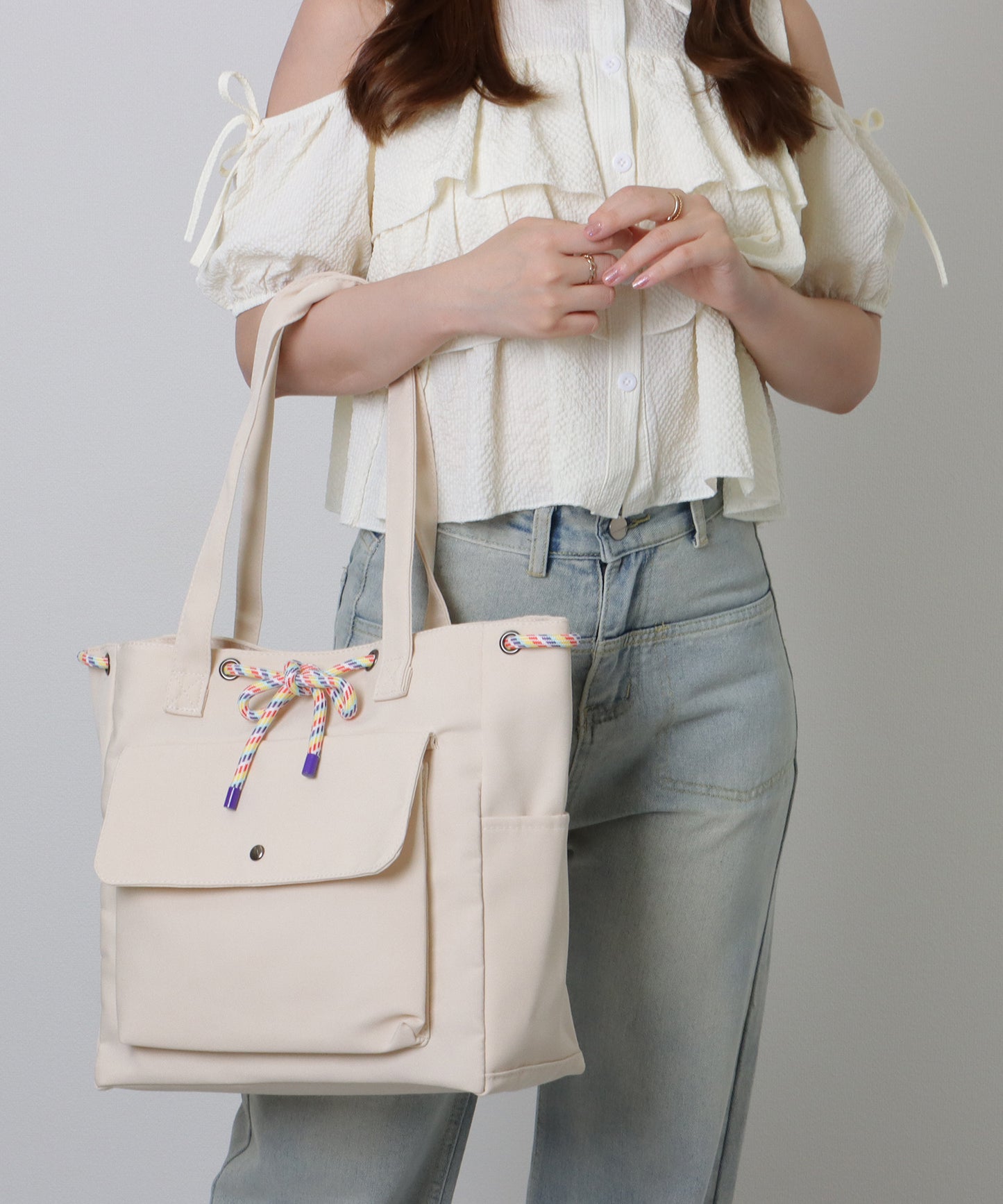 カラフル ドローコード付き 多ポケット ソフト トートバッグ