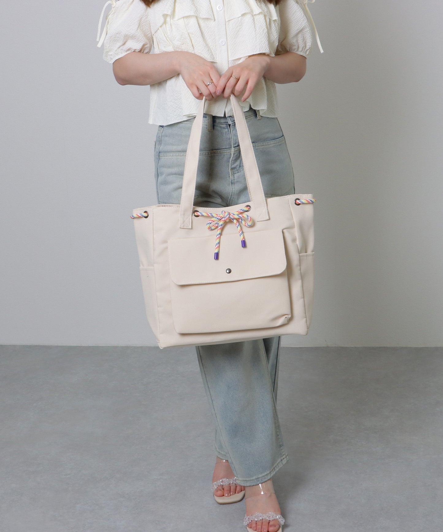 カラフル ドローコード付き 多ポケット ソフト トートバッグ