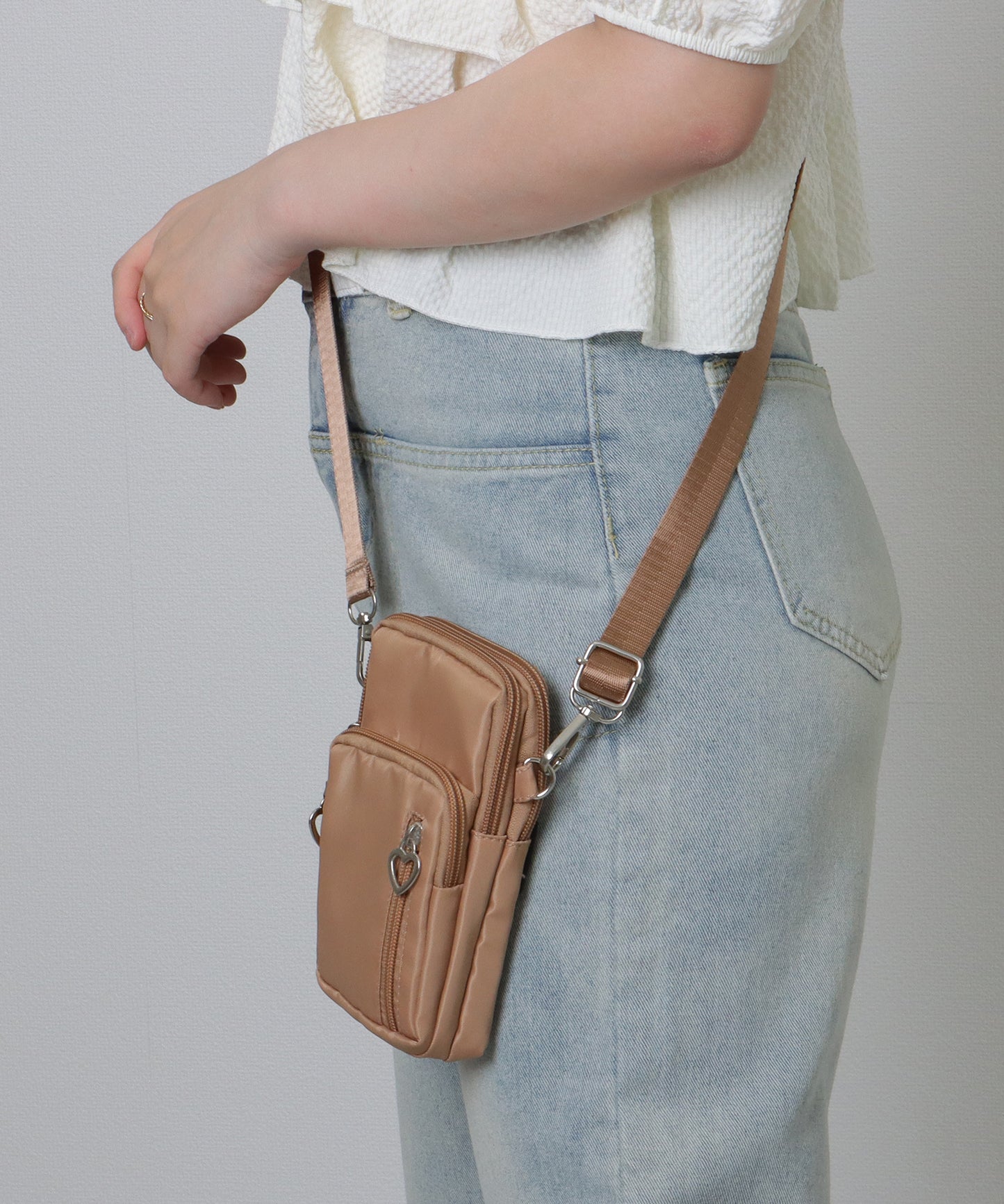 ハートチャーム付き 3WAY コンパクト スクエア ショルダー スマホ バッグ