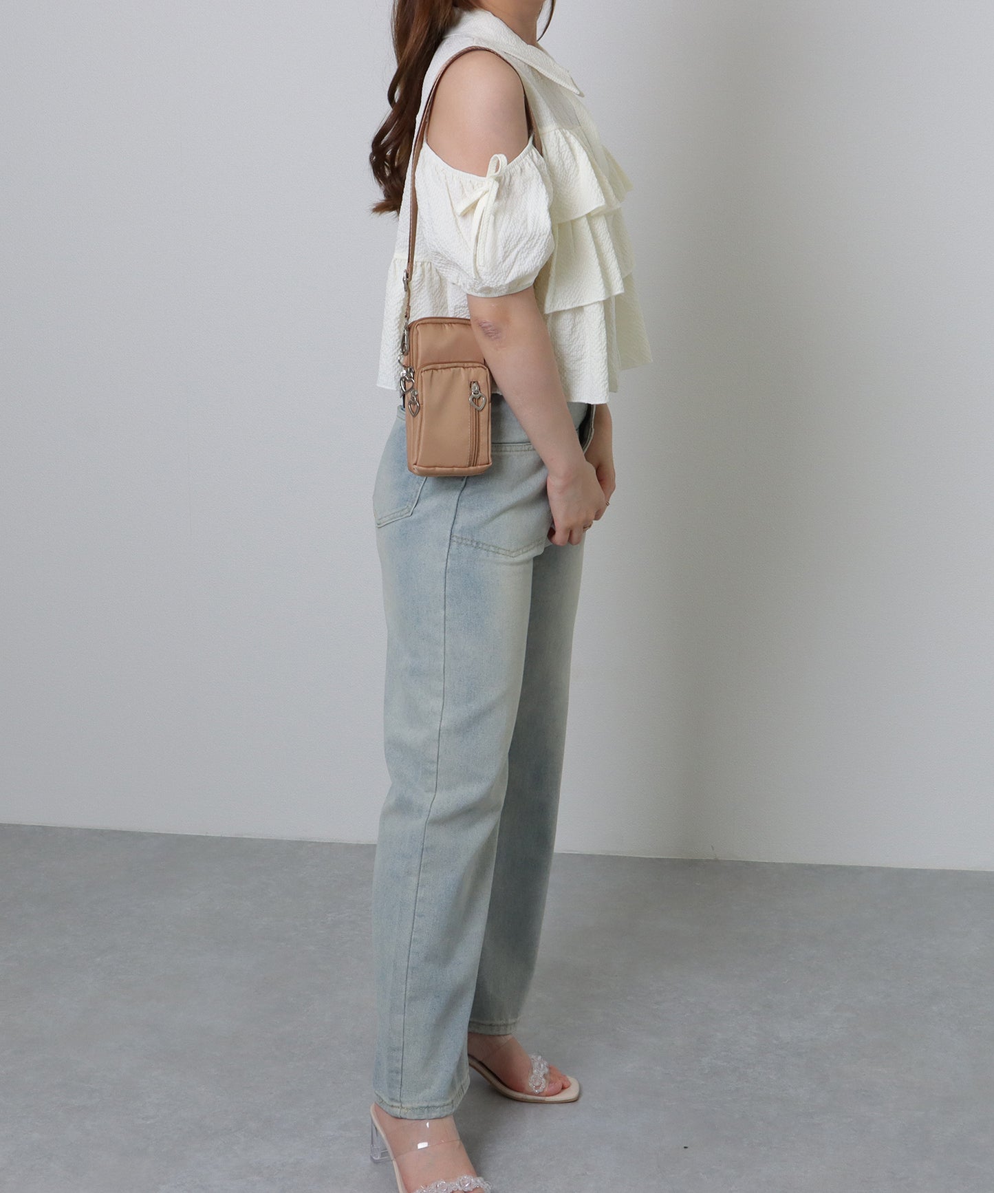 ハートチャーム付き 3WAY コンパクト スクエア ショルダー スマホ バッグ