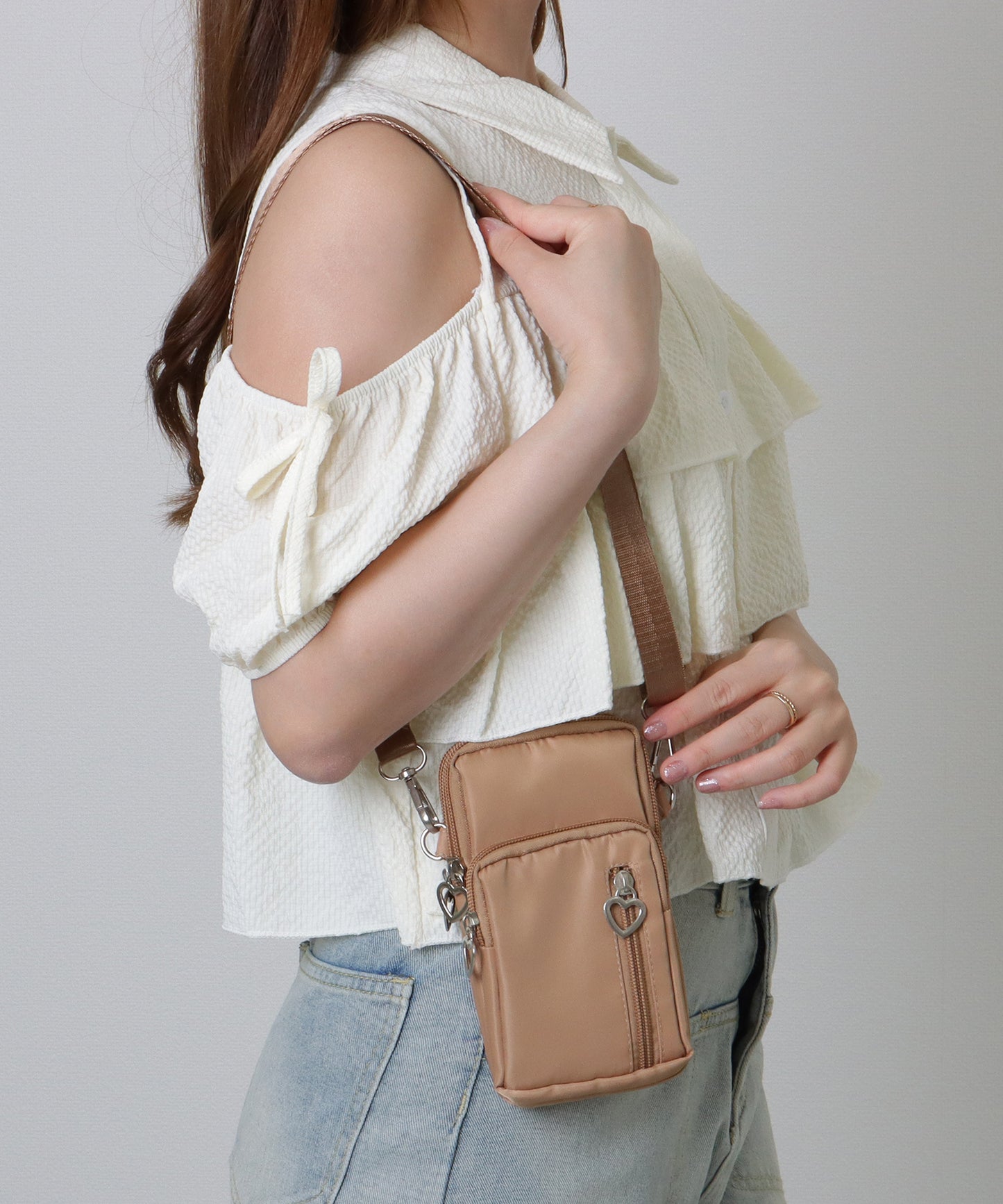 ハートチャーム付き 3WAY コンパクト スクエア ショルダー スマホ バッグ