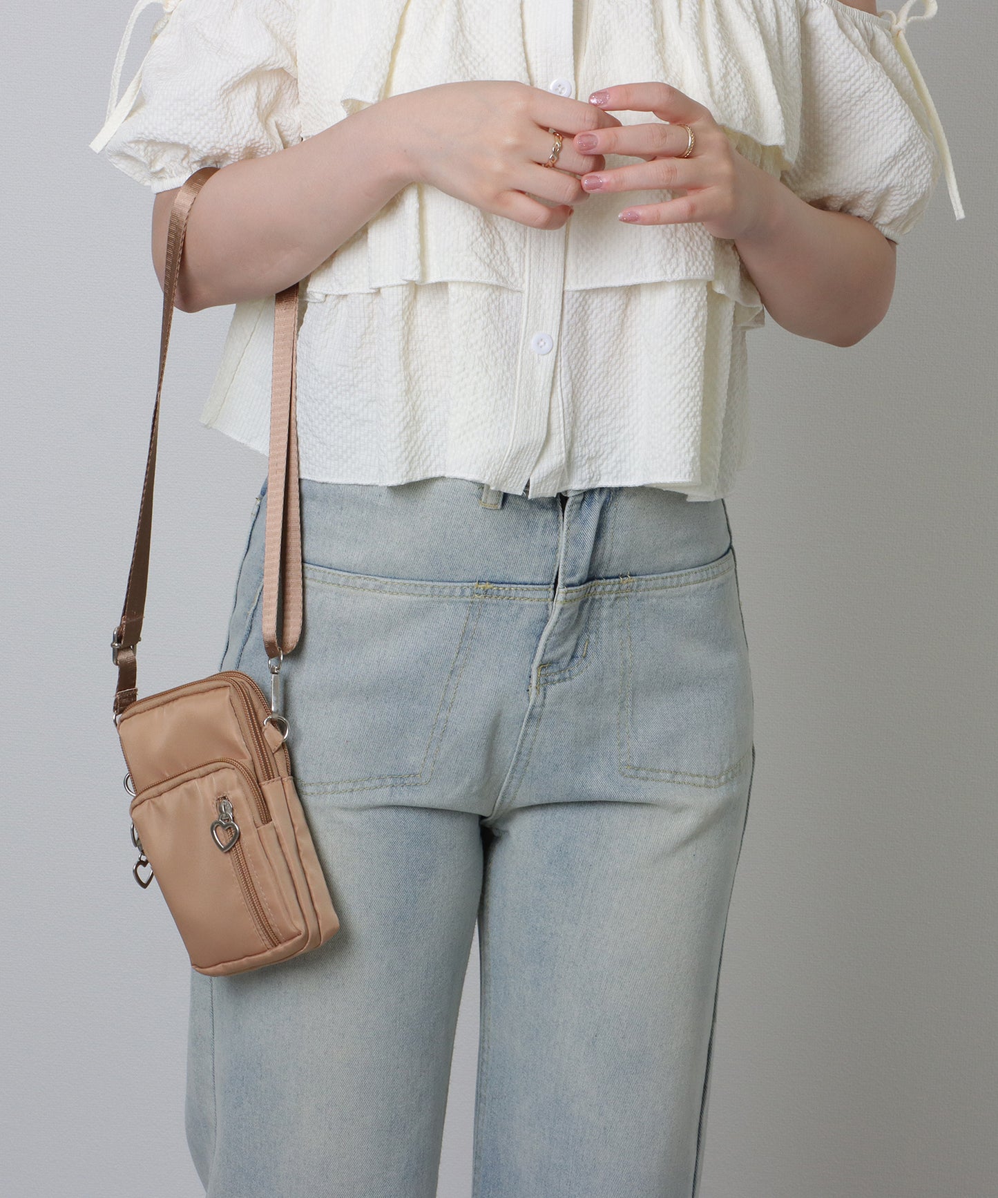 ハートチャーム付き 3WAY コンパクト スクエア ショルダー スマホ バッグ