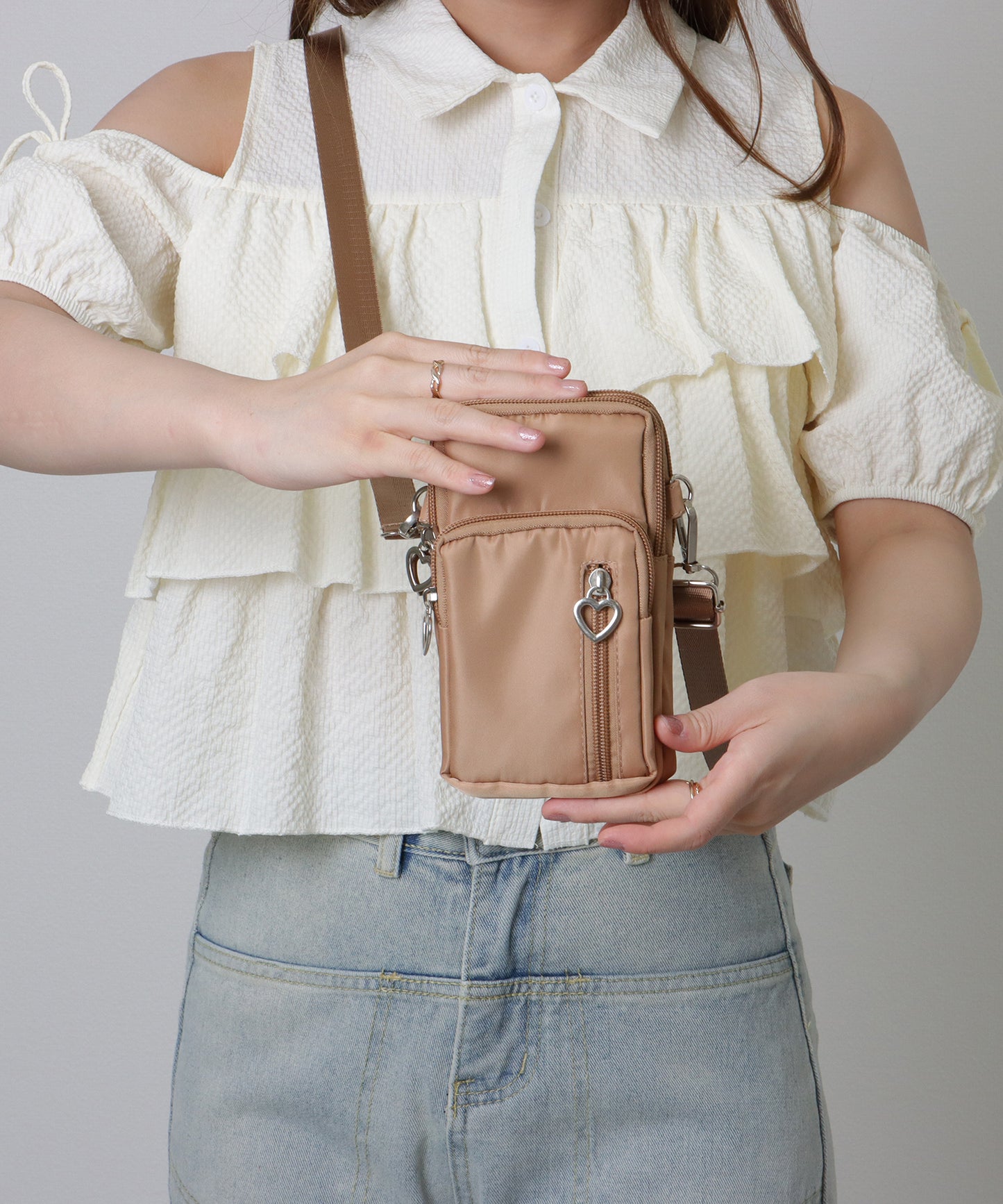 ハートチャーム付き 3WAY コンパクト スクエア ショルダー スマホ バッグ