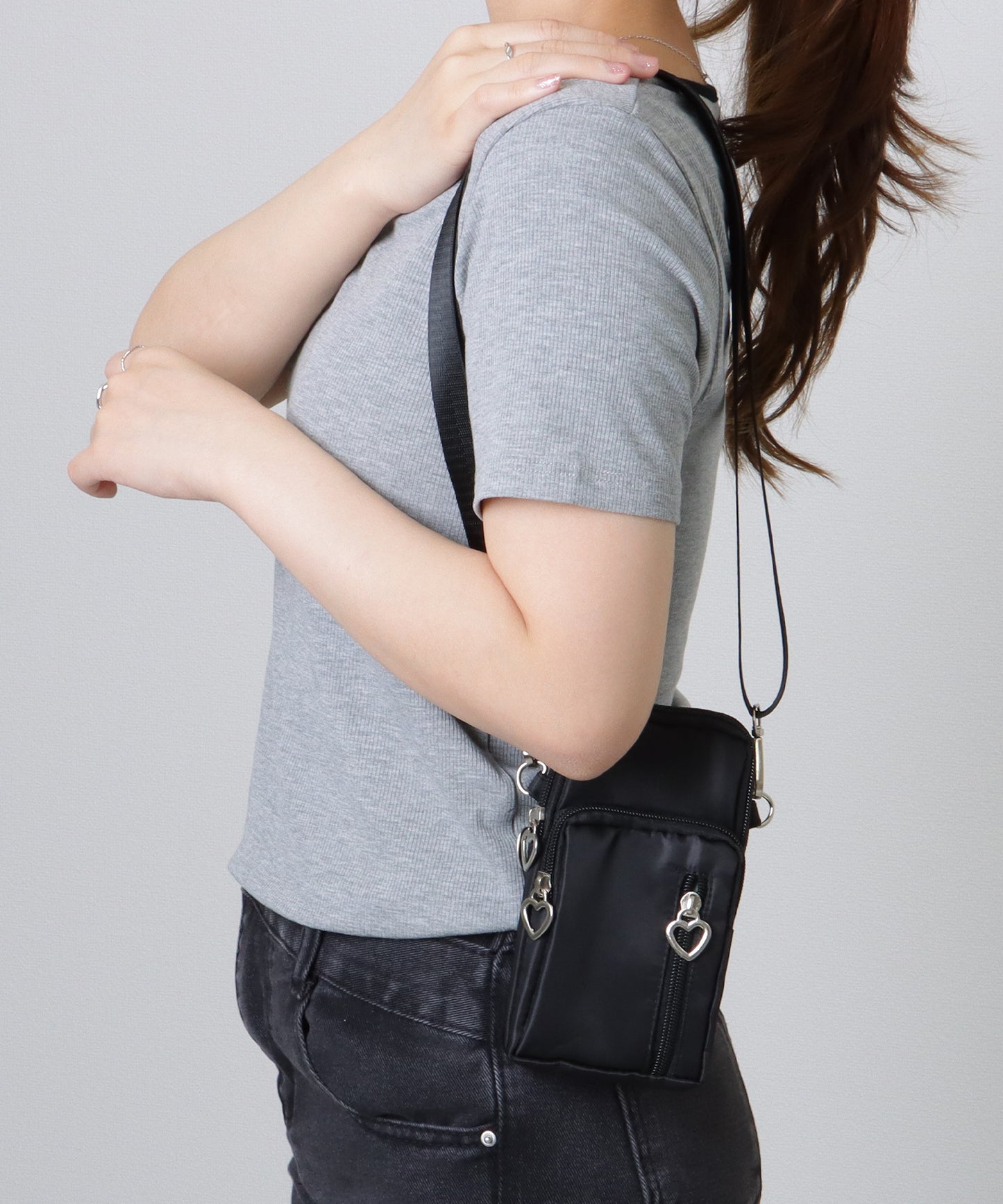 ハートチャーム付き 3WAY コンパクト スクエア ショルダー スマホ バッグ