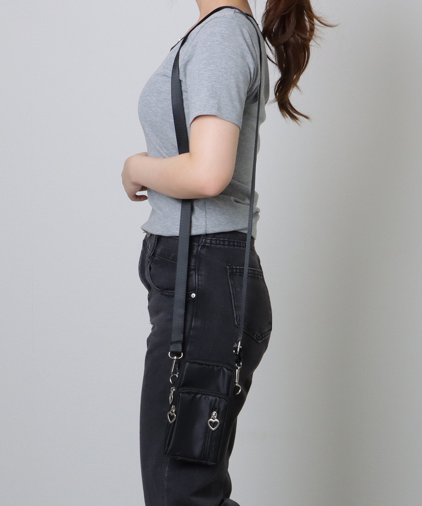 ハートチャーム付き 3WAY コンパクト スクエア ショルダー スマホ バッグ