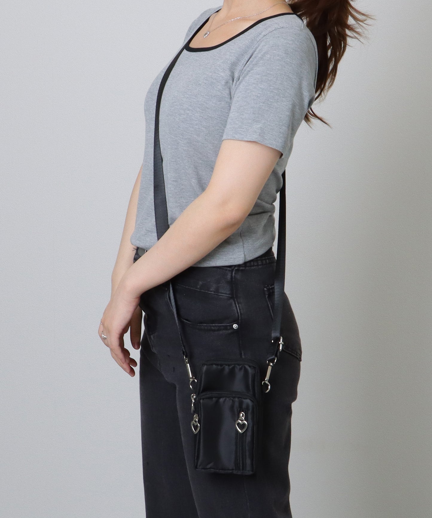 ハートチャーム付き 3WAY コンパクト スクエア ショルダー スマホ バッグ