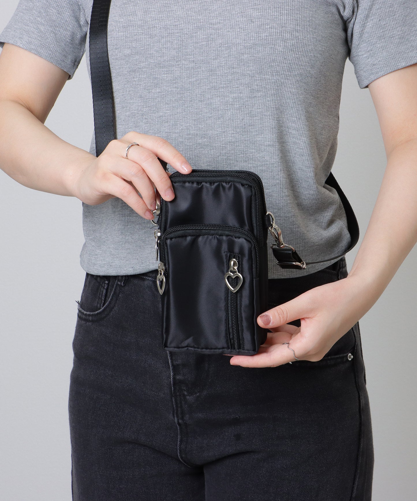 ハートチャーム付き 3WAY コンパクト スクエア ショルダー スマホ バッグ