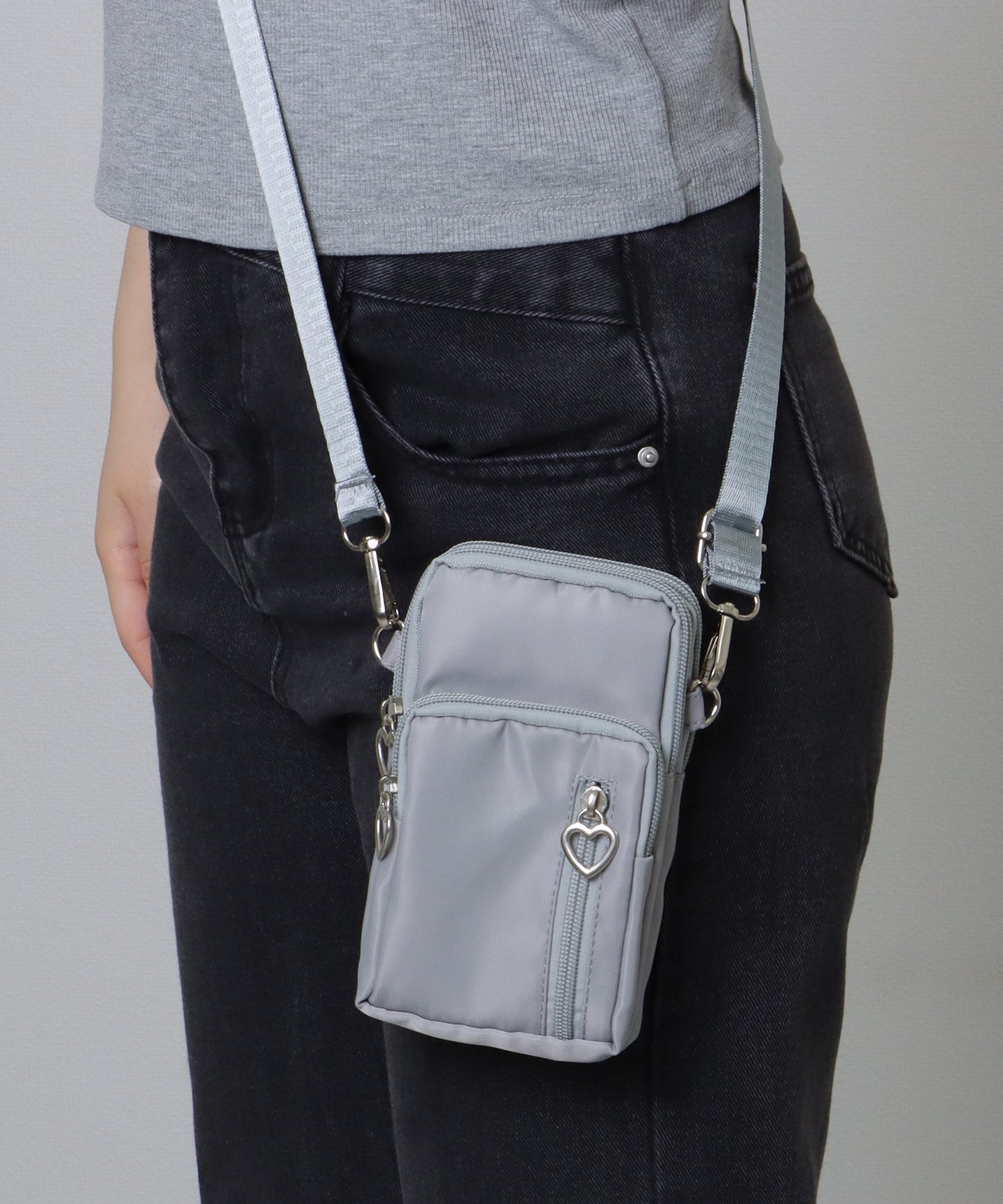 ハートチャーム付き 3WAY コンパクト スクエア ショルダー スマホ バッグ