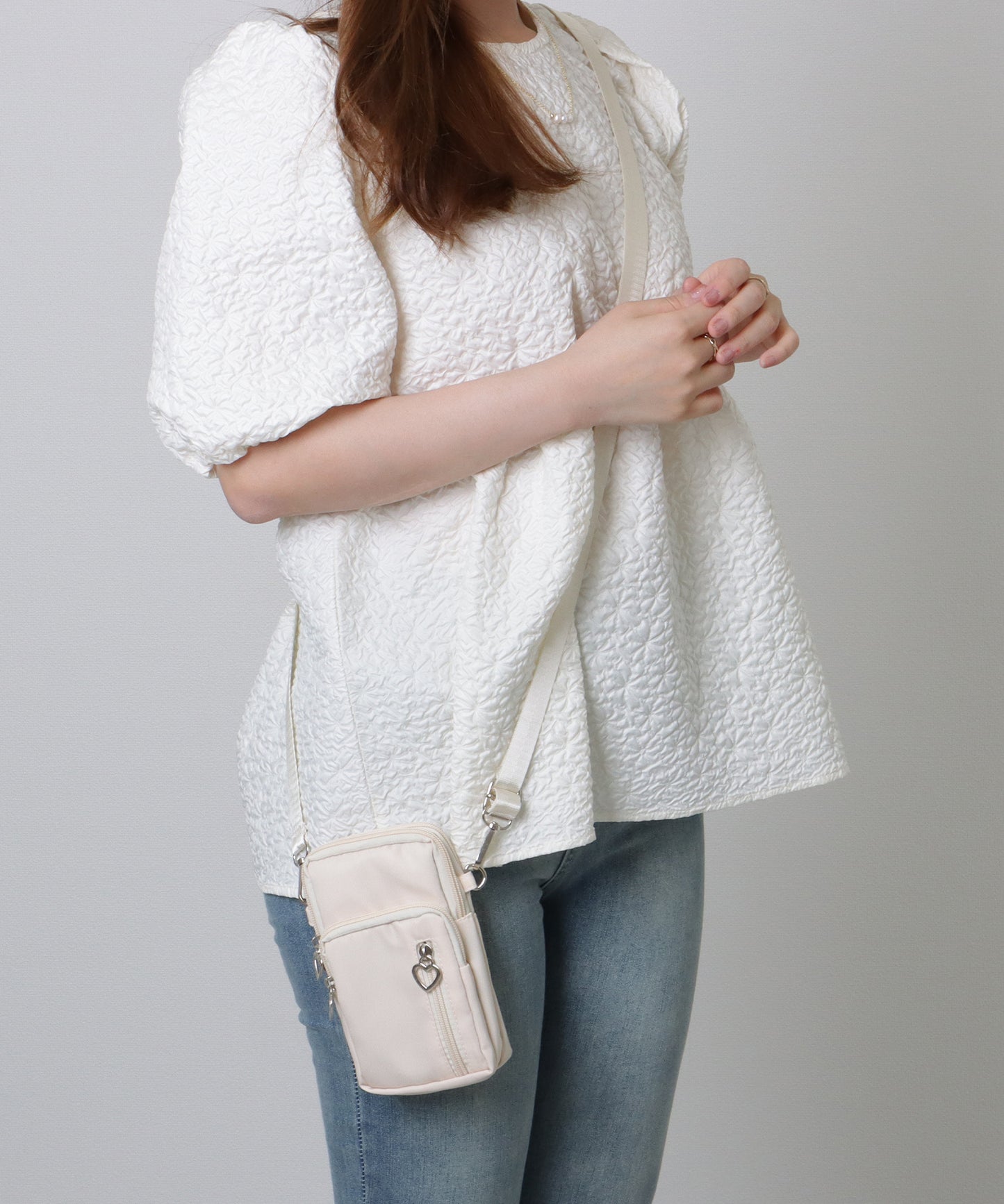 ハートチャーム付き 3WAY コンパクト スクエア ショルダー スマホ バッグ