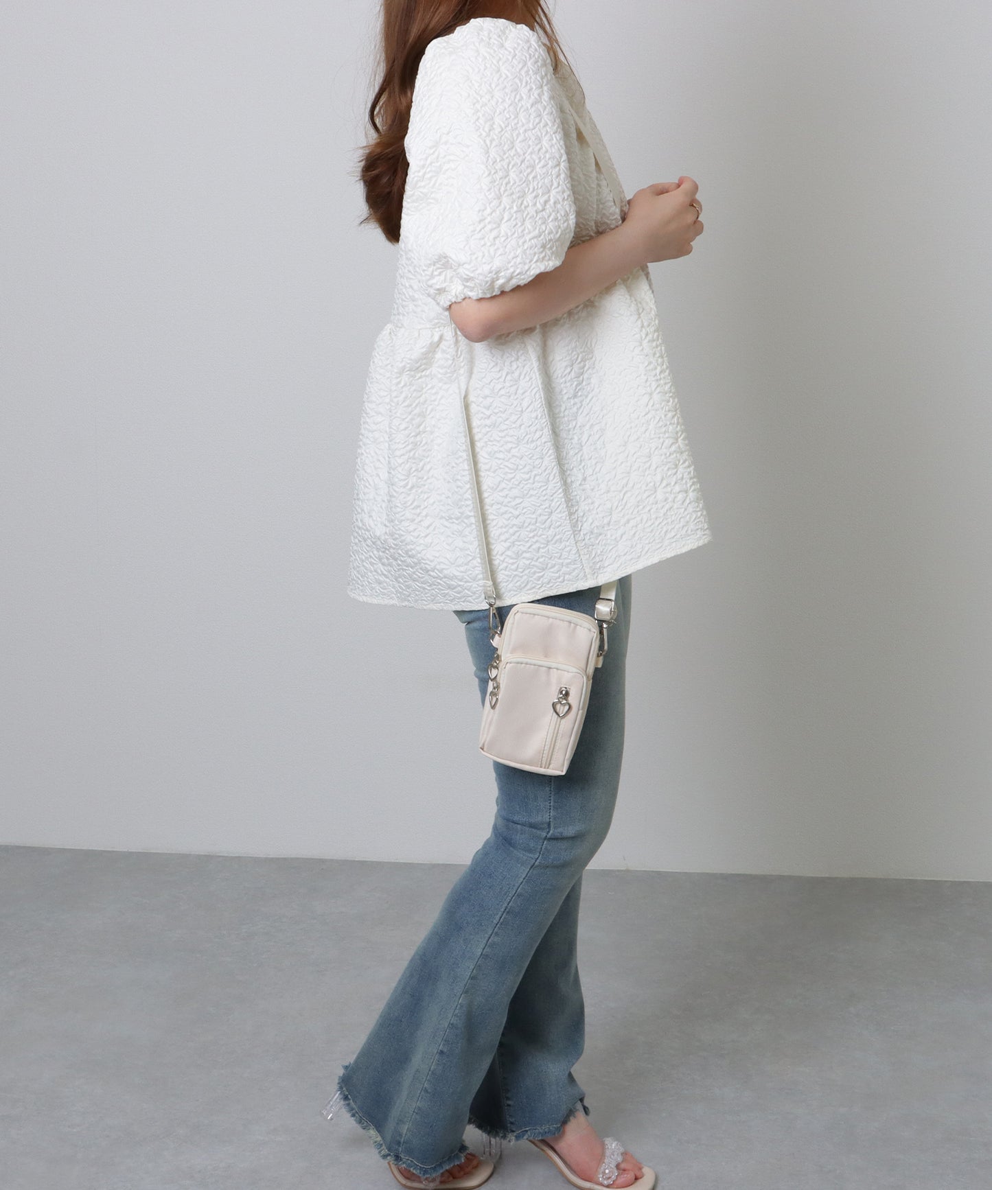 ハートチャーム付き 3WAY コンパクト スクエア ショルダー スマホ バッグ