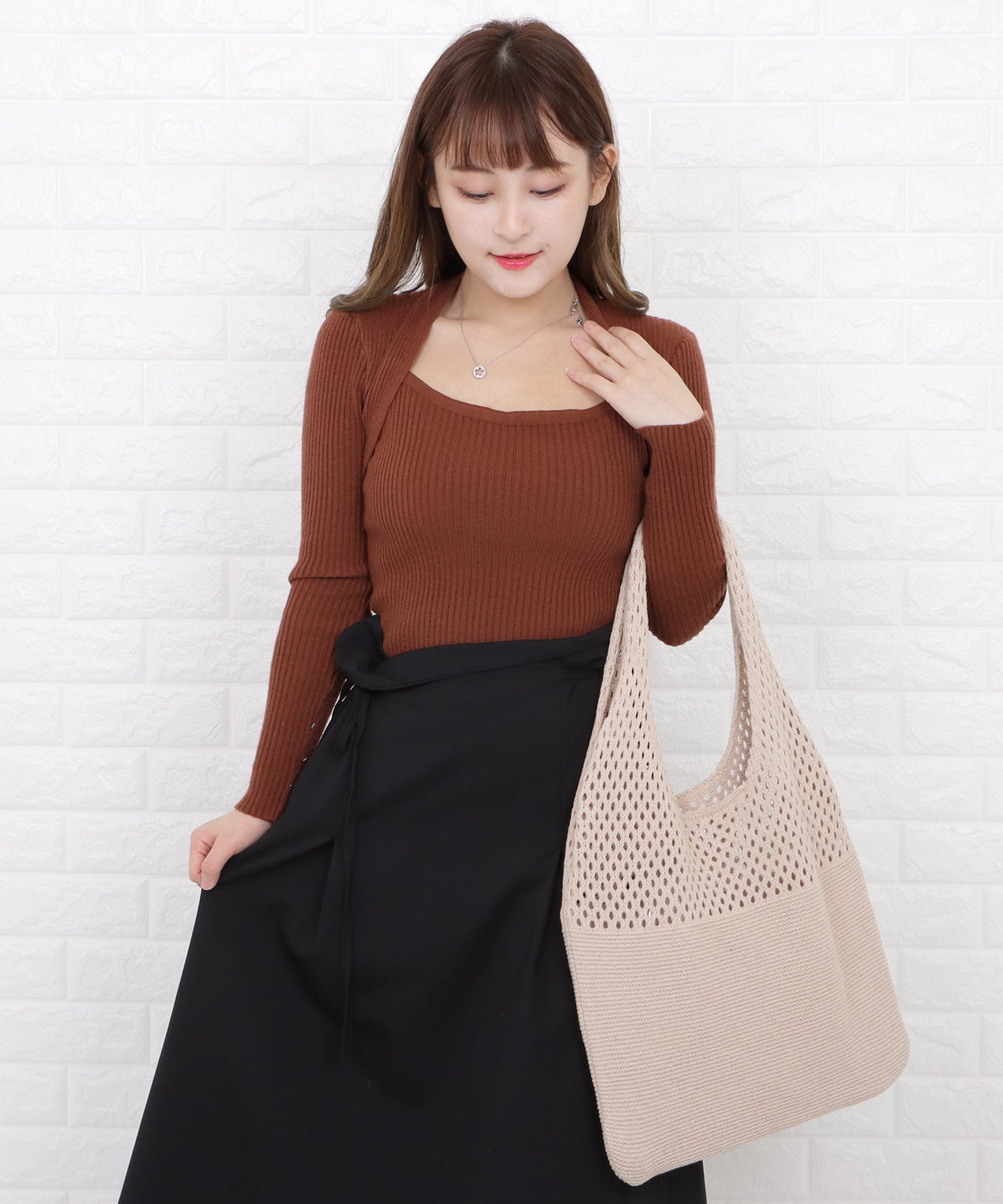 大容量 透かし編みニットトートバッグ