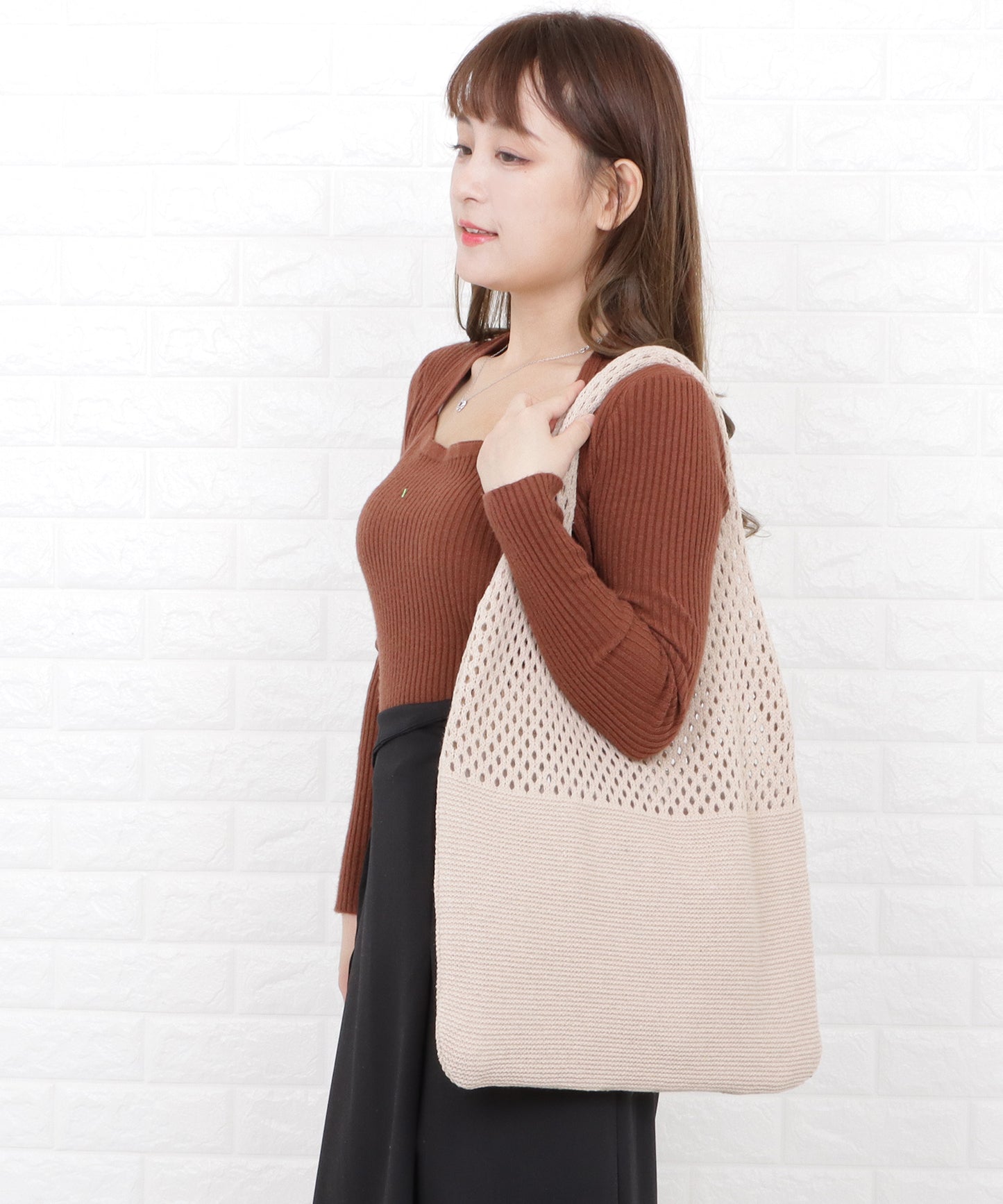 大容量 透かし編みニットトートバッグ