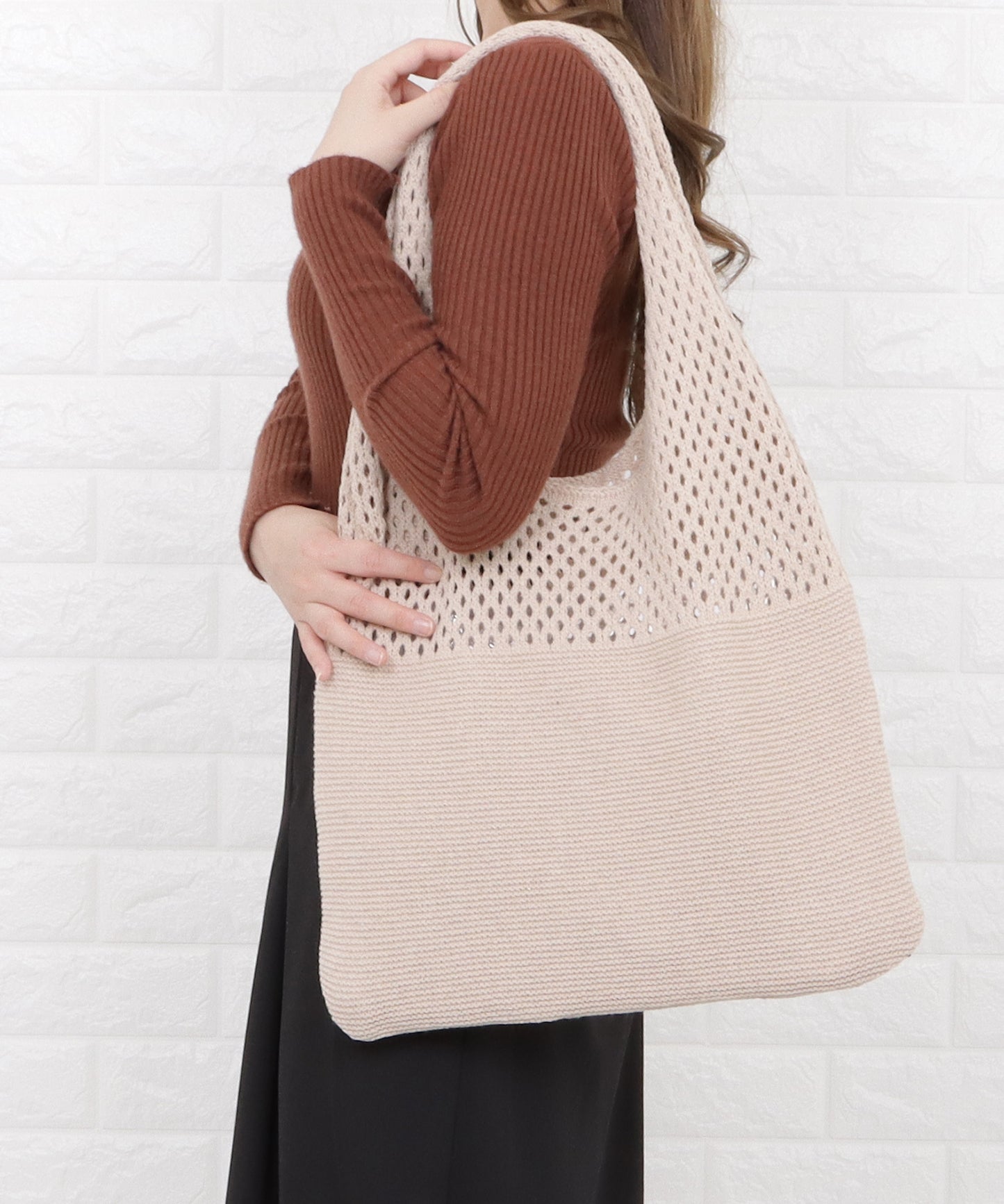 大容量 透かし編みニットトートバッグ