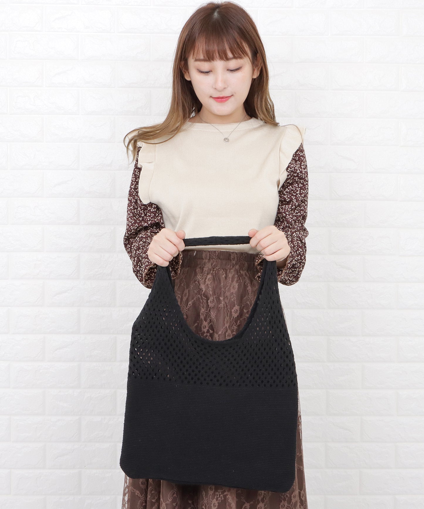 大容量 透かし編みニットトートバッグ