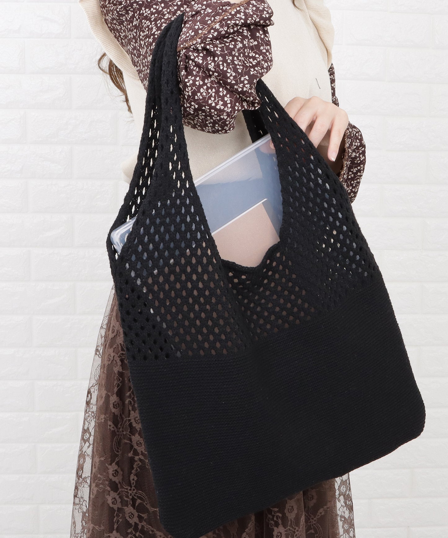 大容量 透かし編みニットトートバッグ